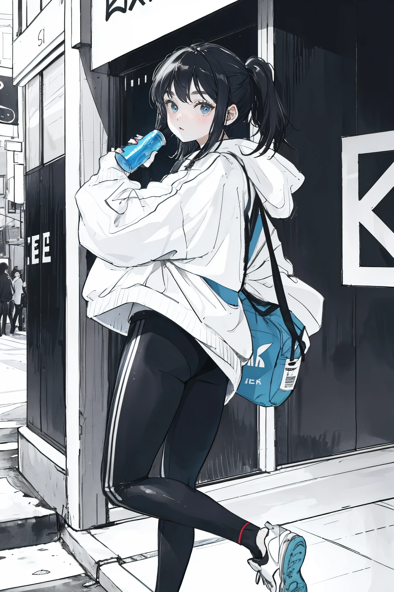 A girl wearing an oversized baggy sportswear looks back at the camera,Holding a bottle of mineral water in hand,Wearing black leggings