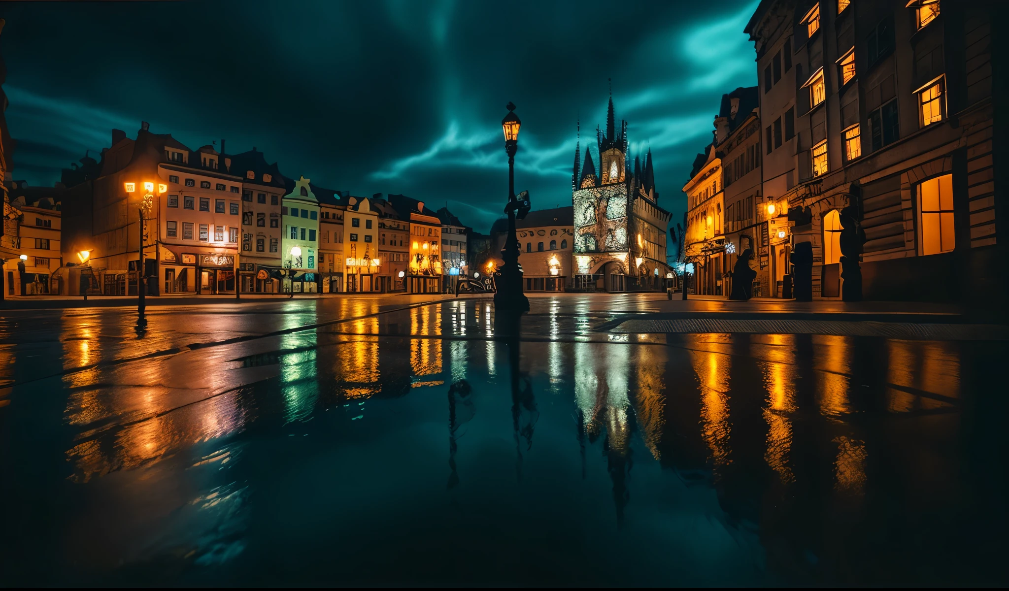 (street photography: 1.4), photograph of prague city square, masterpiece, (realism: 1.4), best quality, beautiful lighting, cinematic composition, (night terrifying background: 1.7), futuristic LED, (very detailed complex grotesque background: 1.2), gothic futurism, [cinema street photography: 1.7], shot on 90mm imax film, anamorphic cinema lens, extremely high dynamic range , 8k uhd 12-bit colour, RAW photo, film grain, photo realism, viewed from street , (HDR: 1.4), (inspired from gotham city 2022: 0.8), vintage retro colour grading, (no human being: 2.0)