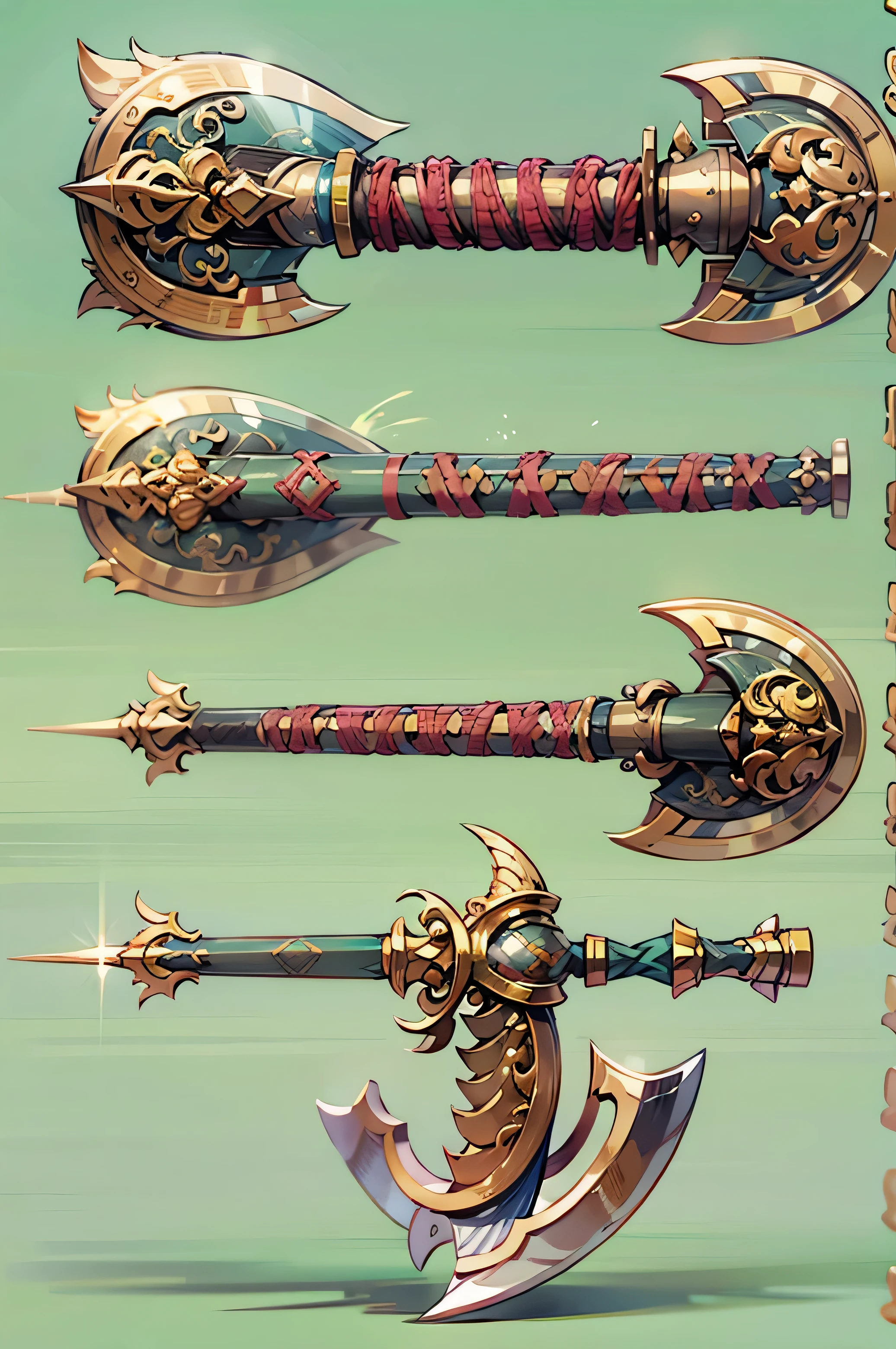 (((best quality))), (((masterpiece))), Weapons to be included in the Weapon Encyclopedia, A double-edged ax weapon with a large blade.., symmetrical double-edged ax weapon, Oriental Western Fusion Style, white background,