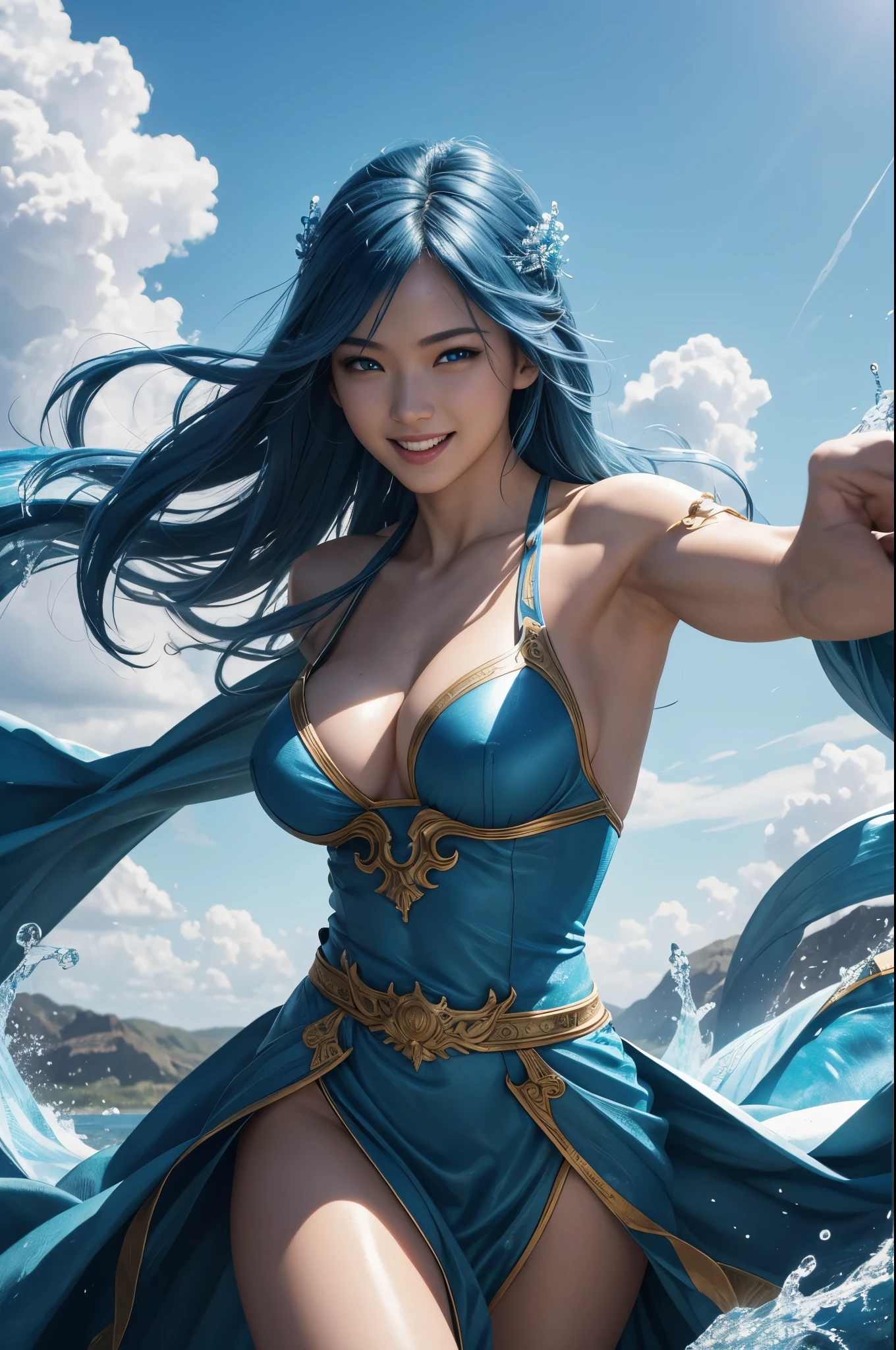 8k、alone、16 year old water goddess,Super beautiful(like the real thing),blue eyes,Super beautiful,beautiful blue hair,blue makeup,blue rouge,Luxurious white and blue long dress with big breasts,sexy.golden decoration,,Remains,amazing work of art、wind effect:1.9、cloud effect:1.2、full rendering、unreal engine,ultra high resolution,super realistic skin,Super precise hand details,fantasy art,smile,battle scene,action scene,action pose,fighting style,Photorealistic RAW photos of the highest quality。Backlight, cinematic lighting, film grain, to be born, 50mm lens, Nikon D850,realistic skin,fantasy art,character art,ultra high resolution,Macho with a muscular slender body,Precise facial details,fighting pose,dynamic pose,fearless laugh,Improve the quality of facial expressions,perspective from above,accurate human body structure,perfect hands,