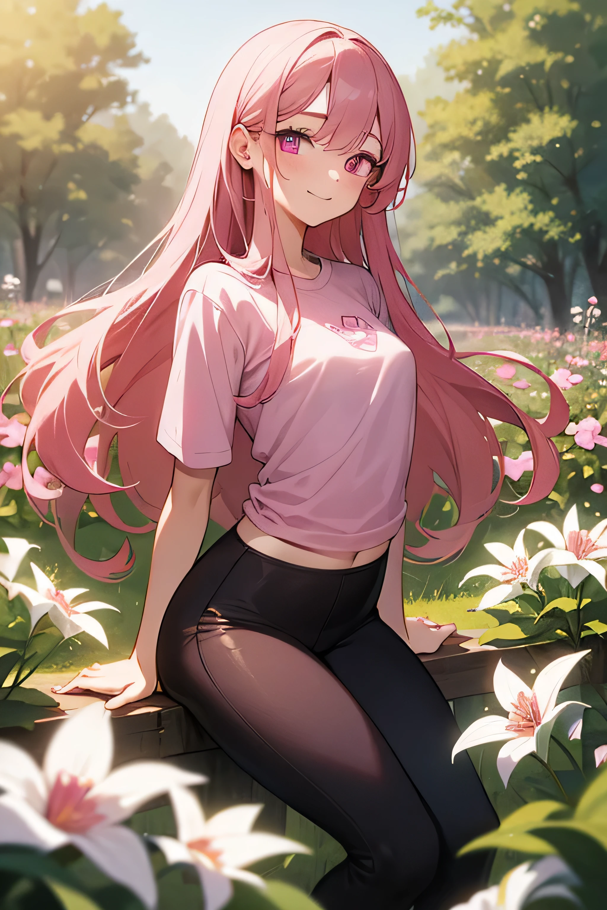1girl knees on the ground, ((wearing a brown legging, pink shirt with soft white flowers on it)) pale skin,((long clipped pink hair, magenta eyes, glowing eyes, detailed eyes)) In a flower garden, highly detailed, summer sunlight, flat chested, looking at viewer, 18 years old, smile,