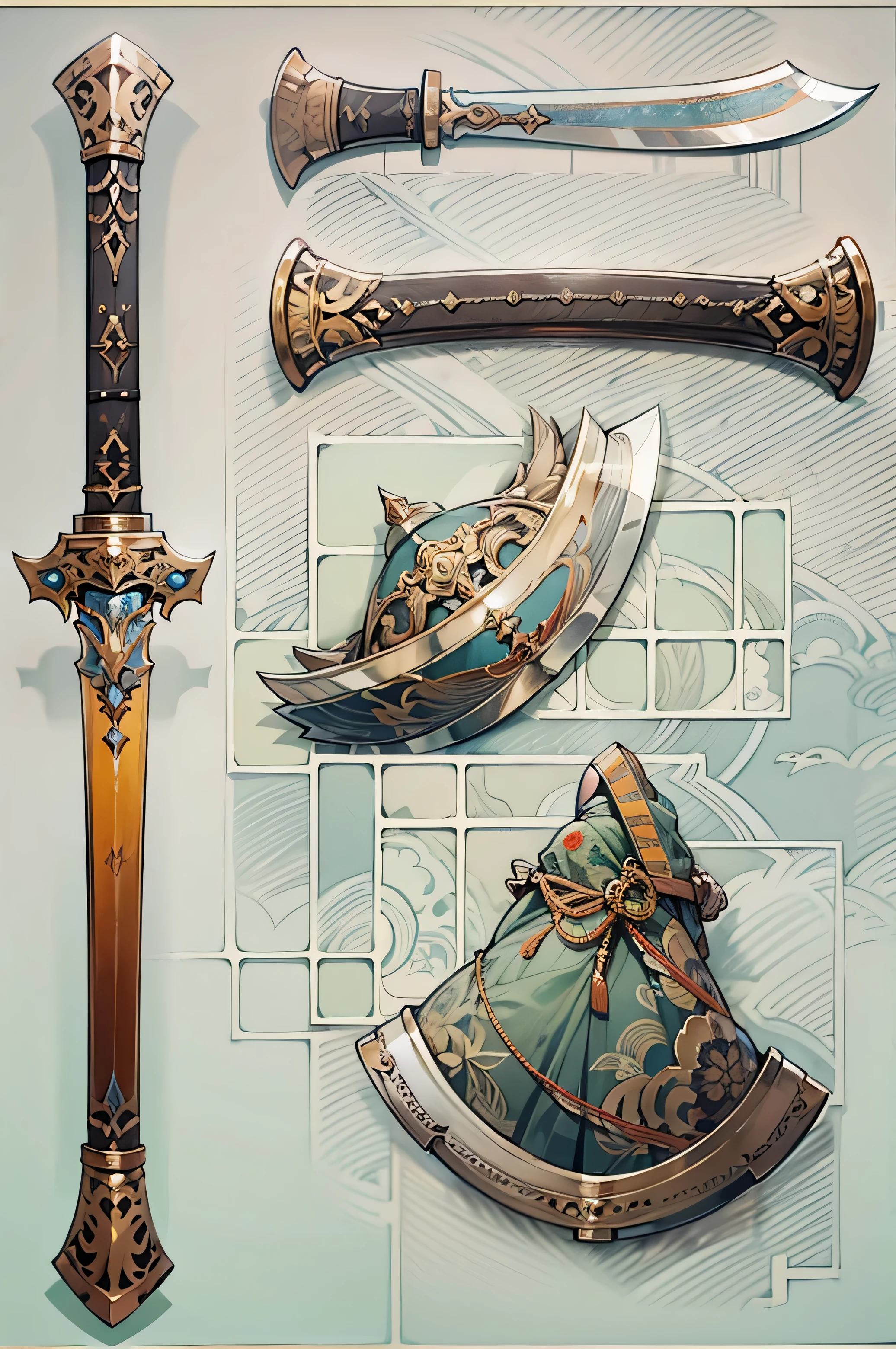 (((best quality))), (((masterpiece))), Weapons to be included in the Weapon Encyclopedia, A double-edged ax weapon with a large blade.., Oriental Western Fusion Style, white background,
