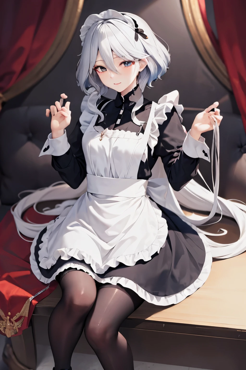 Furina (long hair) , kawaii eyes , mistress , lustful wife ,Beautiful thighs ,Medium bust , Smooth abdomen , maid attire, black pantyhose, student shoes