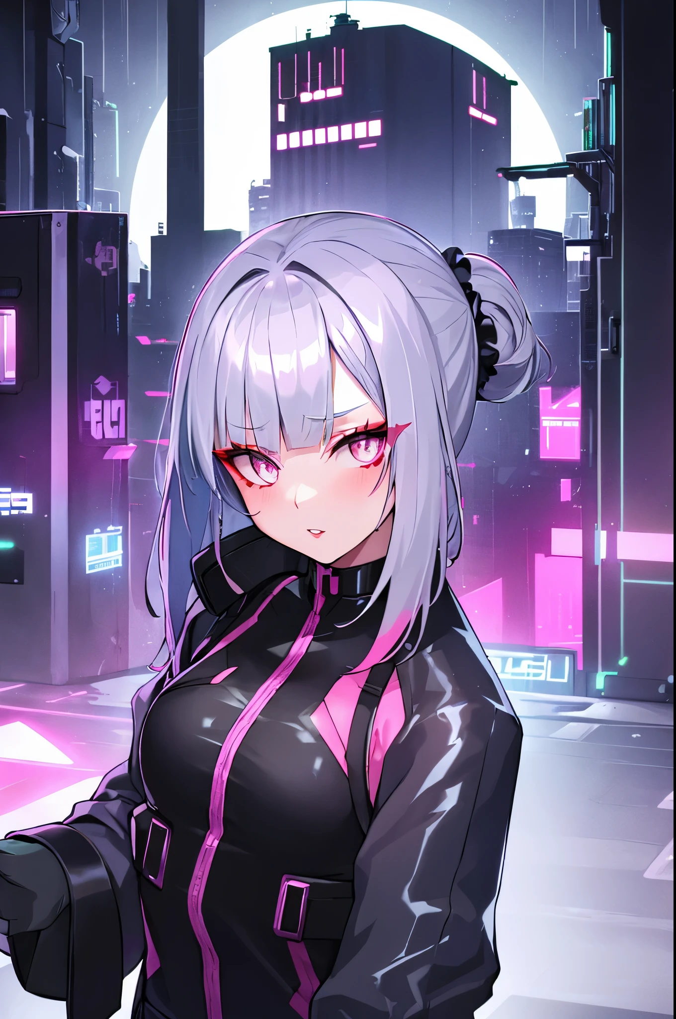 Lucy \(cyber punk\), 1 girl,  hair scrunchie, princess cut, silver hair, colored tips, full moon, gray eyes, Jacket, long sleeve, looking at the viewer, medium hair, colorful hair, parted bangs, parted lips, pink hair, portrait, red eyeliner, red lips, alone, white Jacket, cyber punk \(series\), rainy night in a cyber punk city with glowing neon lights

 