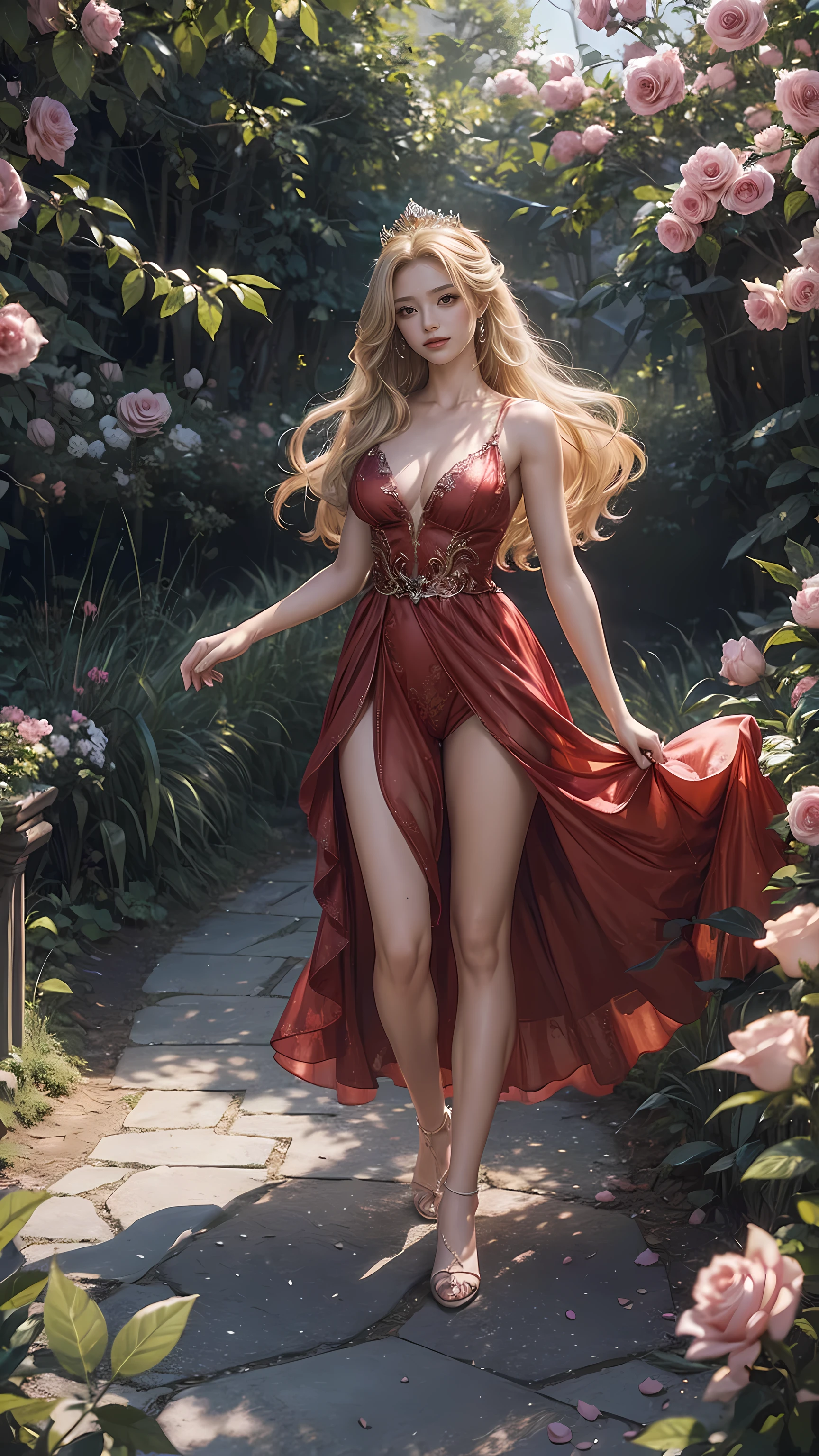 Full body picture of Barbie in a sexy red dress. large breasts (bare chest) His face was delicate, his blonde hair blowing in the wind. short princess dress Princess wearing a beautiful crown smile kindly beautiful garden background gentle and transparent delicate pattern Pink rose space, soft light (Bokeh ), Masterpiece, Superb details, Epic Elements, Highest quality, 8K, Epic Romantic Fantasy Digital Art, Digital art, fantasy, epic fairy tale, Legendary fantasy, UHD resolution, Detailed detailed drawing, realistically, very realistically, Cinematic lighting, award winning photos ,Various colors,Very realistic textures,incredible light
