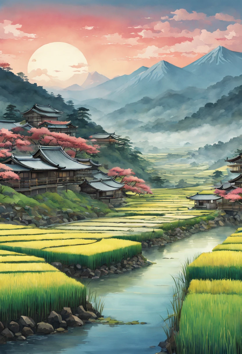 Digital painting of rice paddy terraces in feudal Japan, Ukiyo-e art style influences from Hiroshige and Hokusai. Watercolor textures, landscape format, soft lighting, vivid colors, highly detailed, aesthetic