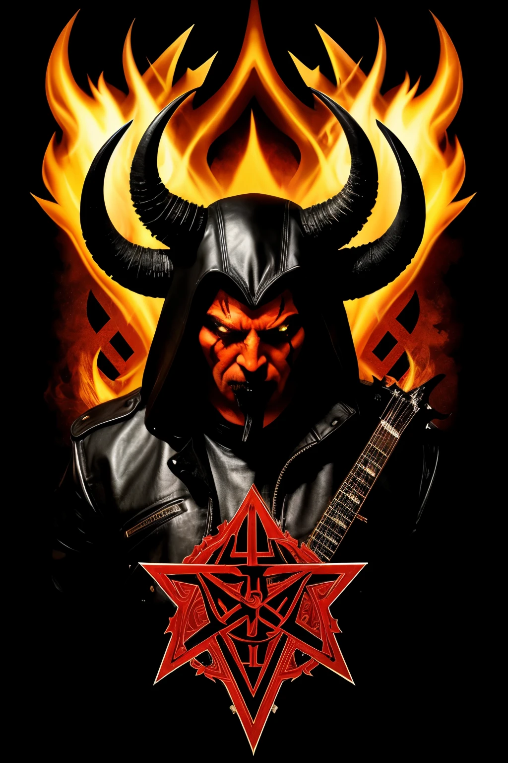 Logo for a heavy-metal band featuring a depiction of a huge demon with menacing horns. The demon is clad in leather clothing adorned with pointed shapes, and the overall color scheme predominantly consists of red and black. The design exudes malice, evil, and a touch of perversity, with flames of fire surrounding the demon. In the forefront, there is a prominently displayed guitar, symbolizing the band's musical prowess. The band's name, "Satan's Band," adds to the dark and sinister aesthetic.