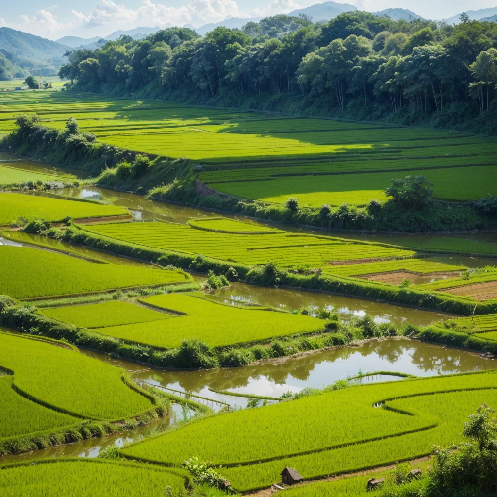 a beautiful rice paddy, golden waves of rice, lush green fields, peaceful countryside, tranquil atmosphere, traditional farming, rustic landscape, birds flying overhead, gentle breeze, sprawling farmland, serene scenery, pastoral beauty, sunlight filtering through the leaves, vibrant shades of green, harmonious nature, idyllic rural life, small farming community, fertile soil, hardworking farmers, traditional farming techniques, terraced fields, traditional irrigation methods, reflection of the sky in the water-filled paddies, traditional farming implements, traditional straw hat, bountiful harvest, the sound of rustling leaves, the scent of fresh earth, a sense of peace and harmony, simple and pure beauty, a glimpse into the essence of agricultural life, a connection to the roots of nature, the cycle of life and growth, a testament to the beauty of simplicity, a tranquil oasis amidst the bustling world.