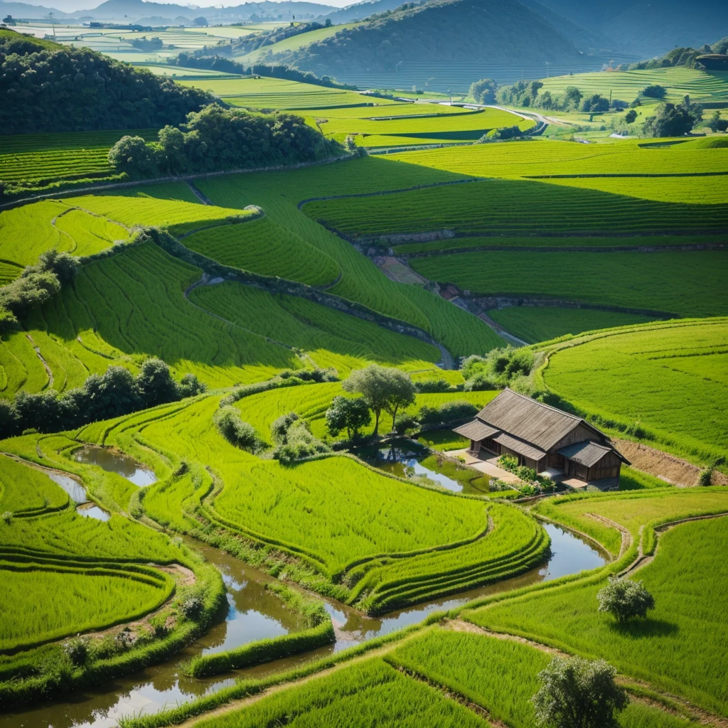 a beautiful rice paddy, golden waves of rice, lush green fields, peaceful countryside, tranquil atmosphere, traditional farming, rustic landscape, birds flying overhead, gentle breeze, sprawling farmland, serene scenery, pastoral beauty, sunlight filtering through the leaves, vibrant shades of green, harmonious nature, idyllic rural life, small farming community, fertile soil, hardworking farmers, traditional farming techniques, terraced fields, traditional irrigation methods, reflection of the sky in the water-filled paddies, traditional farming implements, traditional straw hat, bountiful harvest, the sound of rustling leaves, the scent of fresh earth, a sense of peace and harmony, simple and pure beauty, a glimpse into the essence of agricultural life, a connection to the roots of nature, the cycle of life and growth, a testament to the beauty of simplicity, a tranquil oasis amidst the bustling world.