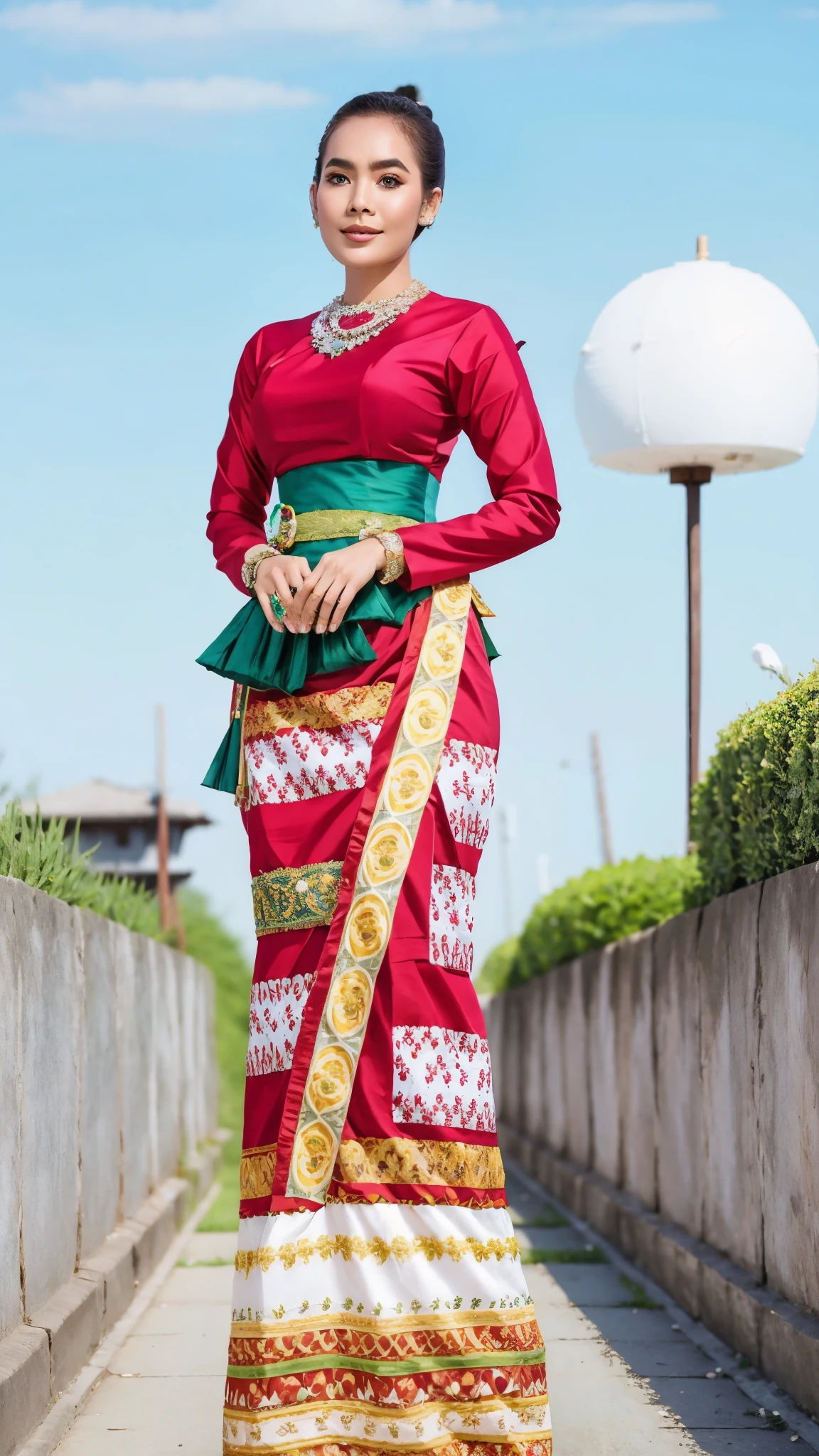 MOE(masterpiece, best quality:1.2), 1girl, solo,MMTD Burmese patterned traditional dress lady full body details