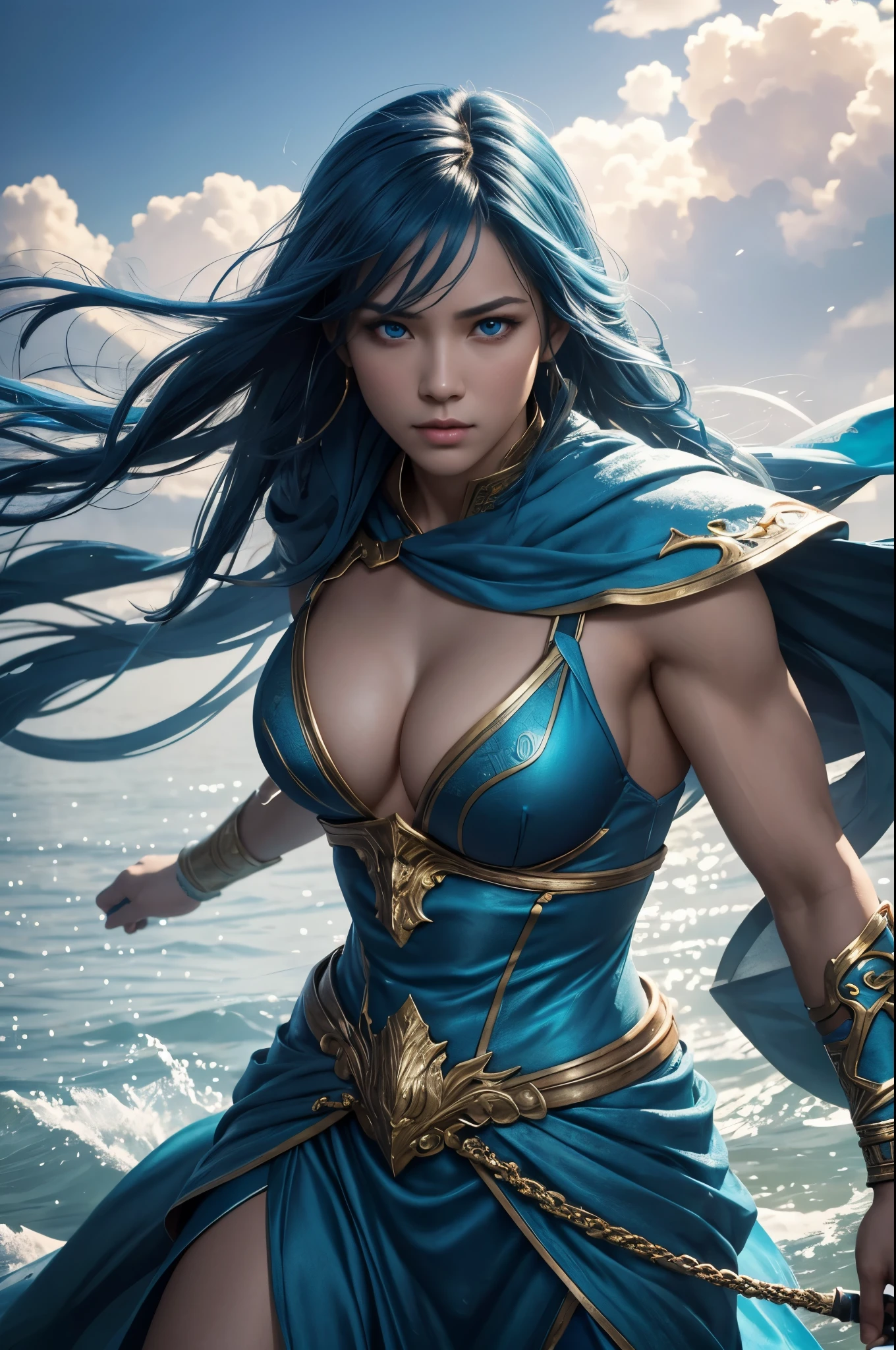 8k、alone、16 year old water goddess,Super beautiful(like the real thing),blue eyes,Super beautiful,beautiful blue hair,blue makeup,blue rouge,Luxurious white and blue long dress with big breasts,sexy.golden decoration,,Remains,amazing work of art、wind effect:1.9、cloud effect:1.2、full rendering、unreal engine,ultra high resolution,super realistic skin,Super precise hand details,fantasy art,battle scene,action scene,action pose,fighting style,Photorealistic RAW photos of the highest quality。Backlight, cinematic lighting, film grain, to be born, 50mm lens, Nikon D850,realistic skin,fantasy art,character art,ultra high resolution,Macho with a muscular slender body,Precise facial details,fighting pose,dynamic pose,grim expression,Improve the quality of facial expressions,perspective from above,accurate human body structure,perfect hands,