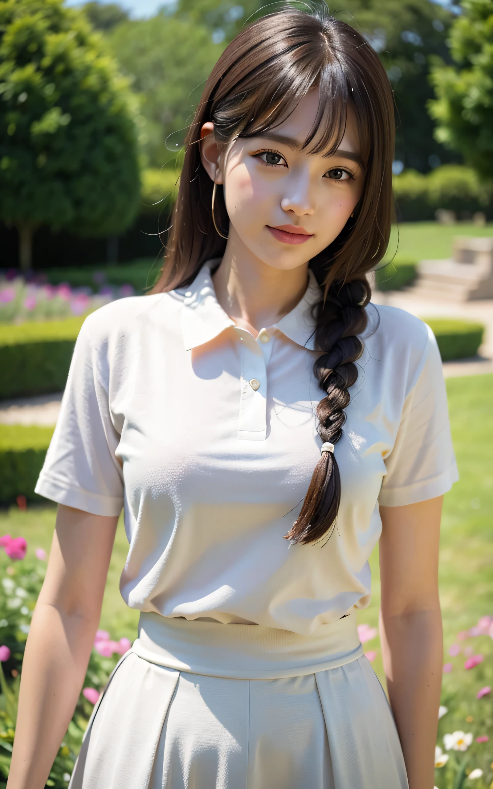 masterpiece, highest quality, RAW photo, 8k, 1 girl, Fine and beautiful skin, Backlight, soft light, smile, luminescent, look away, anatomically correct, braid hair, bangs, Eye and face details, rough skin, professional photography, Bokeh, portrait, professional lighting, alone, Petrified, cute, Girly, film grain, polo shirt, skirt, spring flower hill,