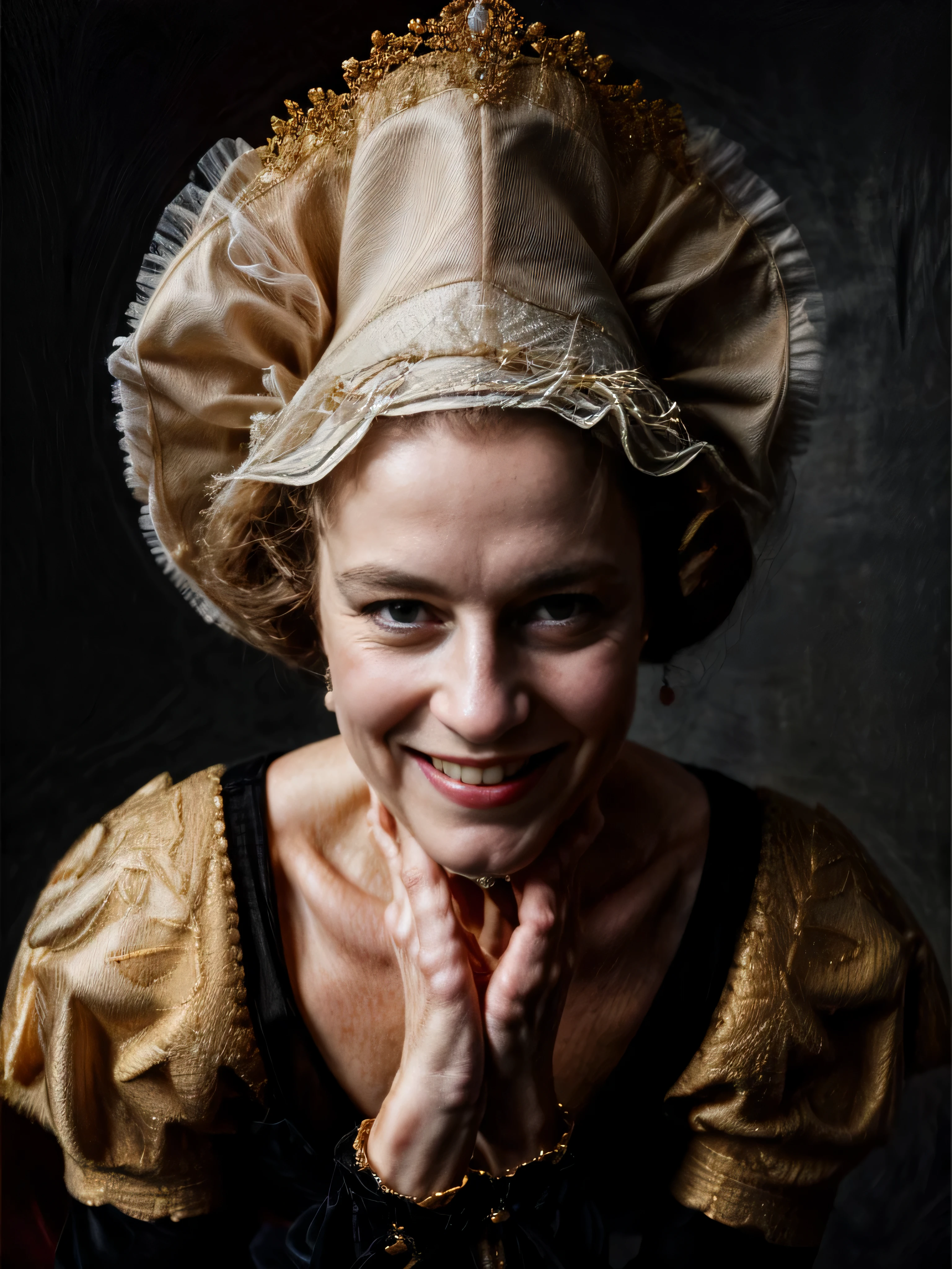 Close-up portrait of a white 40-year-old woman, Queen Elizabeth II of Great Britain (perfect hands: 1,6), (perfect legs: 1,7), elegant headdressing crown, pearls, wearing thigh high lace-up boots, wearing a red and gold royal gown that falls open, very expressive pose, nude heavy breasts, eyecontact, luscious, bokeh, cinematographic rendering, 32K, RAW, tintype borders, on a 19th century beautiful decorated sofa, (working out, pumping iron, lifting small halters: 1,8) in a black room :1.3, ecstasy,light sunny atmosphere,gritty texture,melancholic expression, provocative pose, slightly smiling, A supernatural sensation,, Realistic, illustration, (CG:1.2), Very detailed, Unity ,8K wallpaper, Fine details, Sharp, official art, Incredibly Ridiculous res,high resolution, Beautiful detailed girl, full body, nice breasts, vagina very well illuminated, (nude vagina: 1,9) Excited expression, beautiful face light, movie lighting, delicate lights on the dripping crotch, spreads her legs apart, revealing nude breasts and nipples,