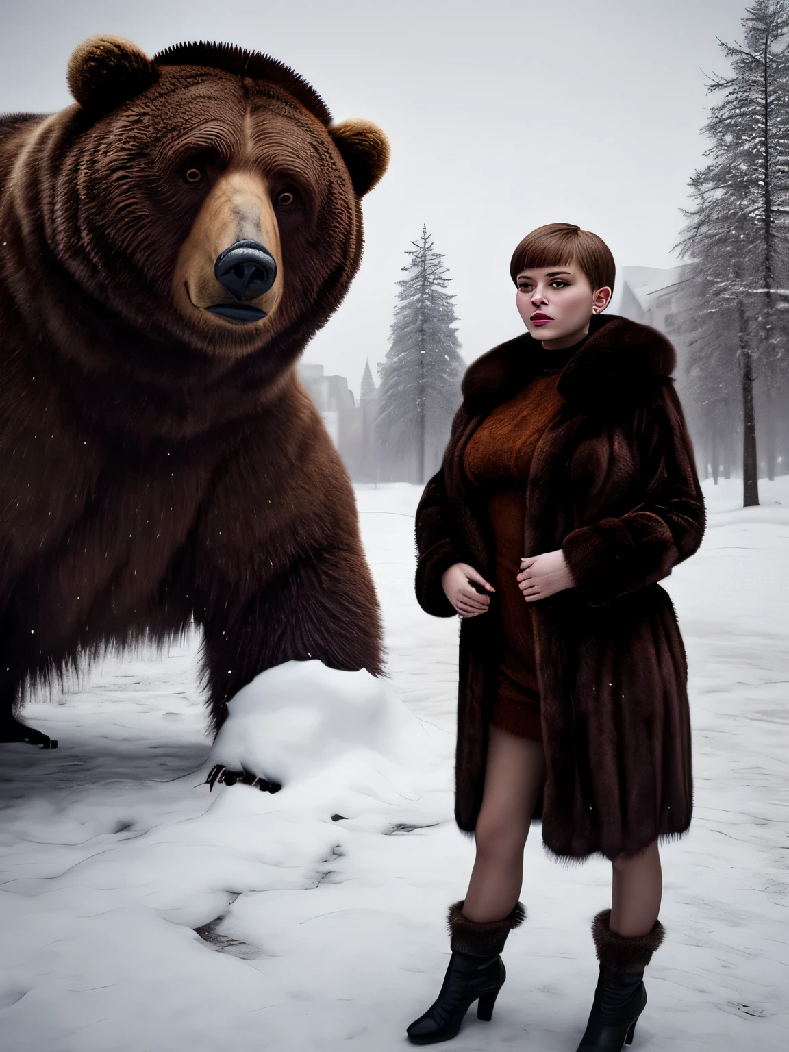Russian girl in a fur coat, mafia, short hair, winter, cruel, Russia, USSR, Against the background of a bear, realism, cinematic, epic, film style,