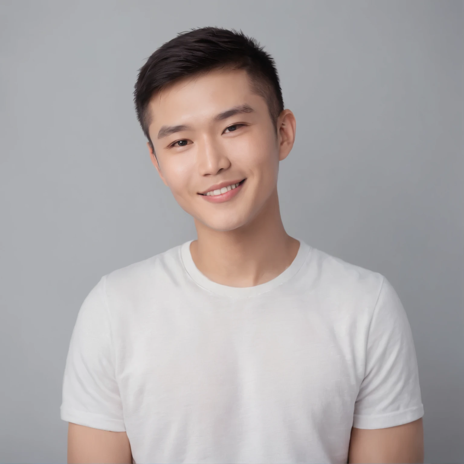 (Photo: 1.3) af (realistic: 1.3), East Asian man, buzz cut,soft light, clear face, front, ((white T-shirt)), cheerful, warm light, ((gray-white gradient background)), smile, (background)) ,avatar,(short hair),handsome,young,,short hair,((avatar))