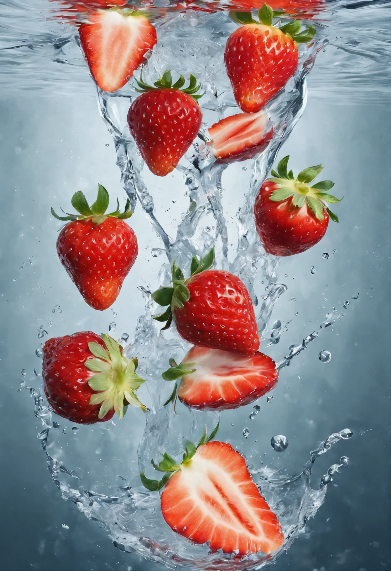 cinematic RAW photo,foto ultra real,Ultra foto realsisim,Digital SLR,soft lighting,Product photo of 5 strawberries falling into the water、Drippy、Splash clear liquid、water bloom,dynamic compositionaster part) (best quality) (circunstanciado) (Cinematic lighting) (sharp focus) (intrincado), master part, best quality, ultrahigh-resolution, 8K UHD