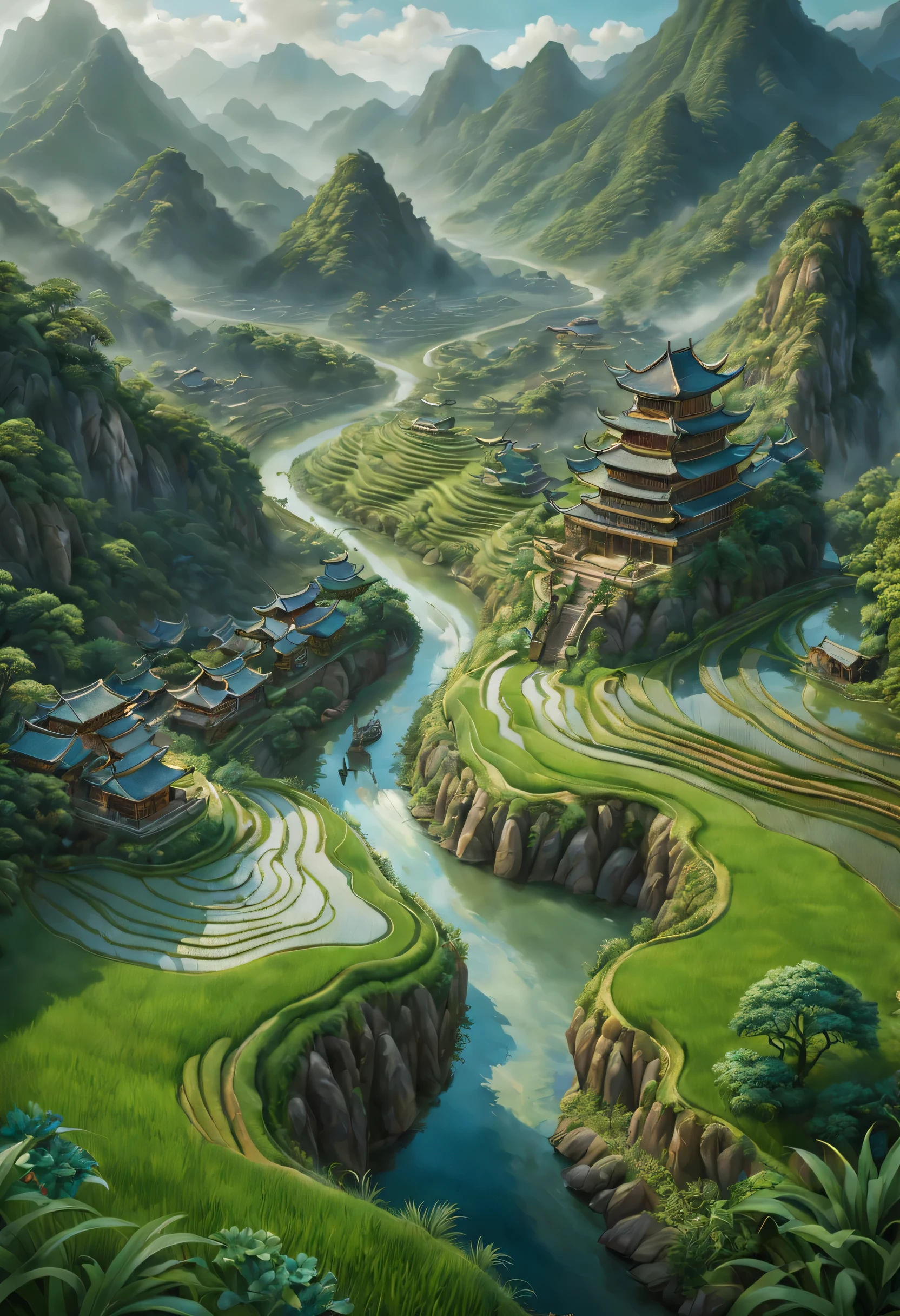 art by mooncryptowow, In a breathtakingly realistic and detailed rendition, capture the allure of a rice paddy nestled amidst Dragon Hills, depicting the harmony between nature and water, reflecting the serenity and tranquility of the surroundings.