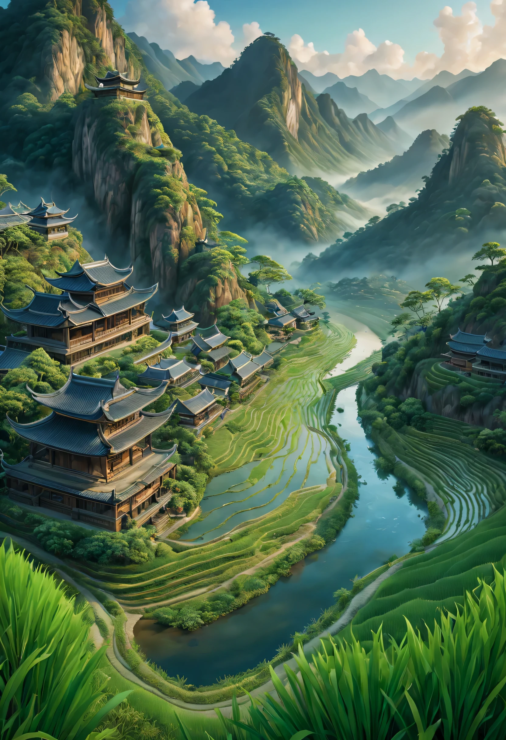 art by mooncryptowow, In a breathtakingly realistic and detailed rendition, capture the allure of a rice paddy nestled amidst Dragon Hills, depicting the harmony between nature and water, reflecting the serenity and tranquility of the surroundings.
