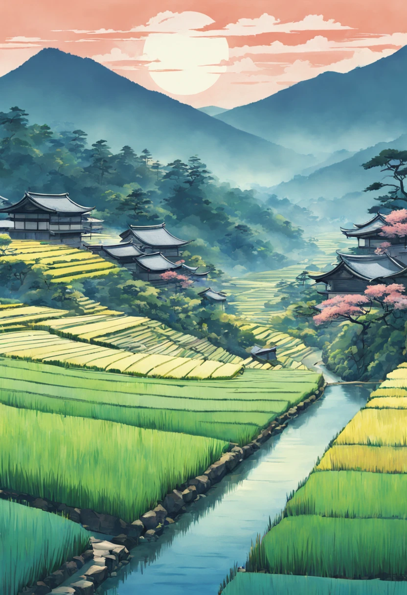 Digital painting of rice paddy terraces in feudal Japan, Ukiyo-e art style influences from Hiroshige and Hokusai. Watercolor textures, landscape format, soft lighting, vivid colors, highly detailed, aesthetic