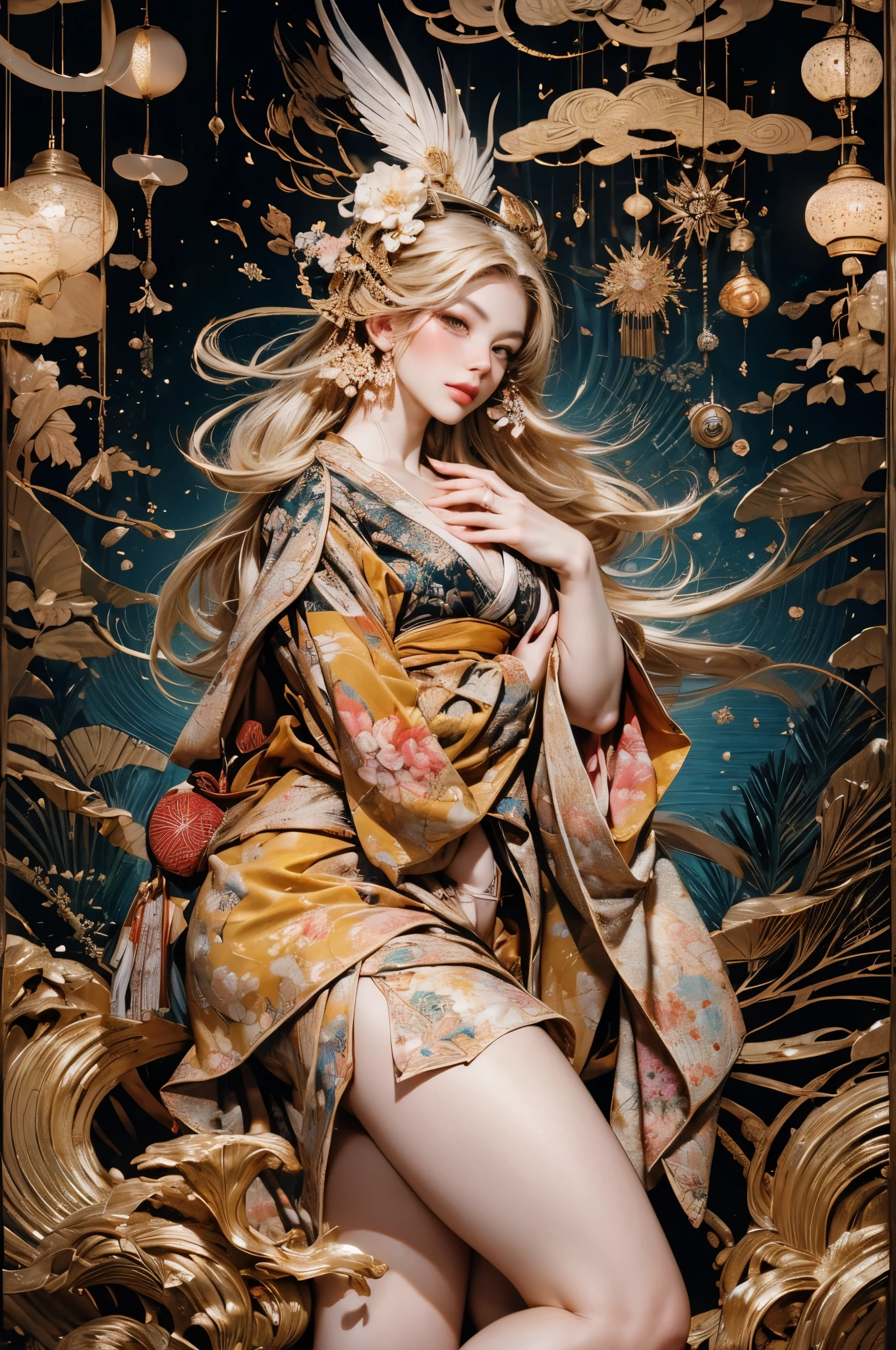 Facial portrait of a European woman, long curls, blonde hair, floral frame, decorative panels, abstract art, Alphonse Mucha (masterpiece, best quality, high resolution: 1.4), detailed, intricate details, 4K, color splash, line art, Fibonacci, (look up), (naked body), naked