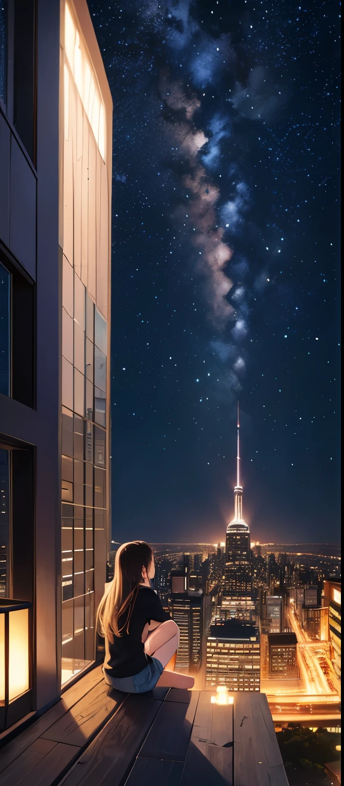 octane, null, star (null), scenery, starry null, night, 1 male, night null, alone, outdoors, building, cloud, milky way, sitting, wood, long hair, city, silhouette, cityscape  