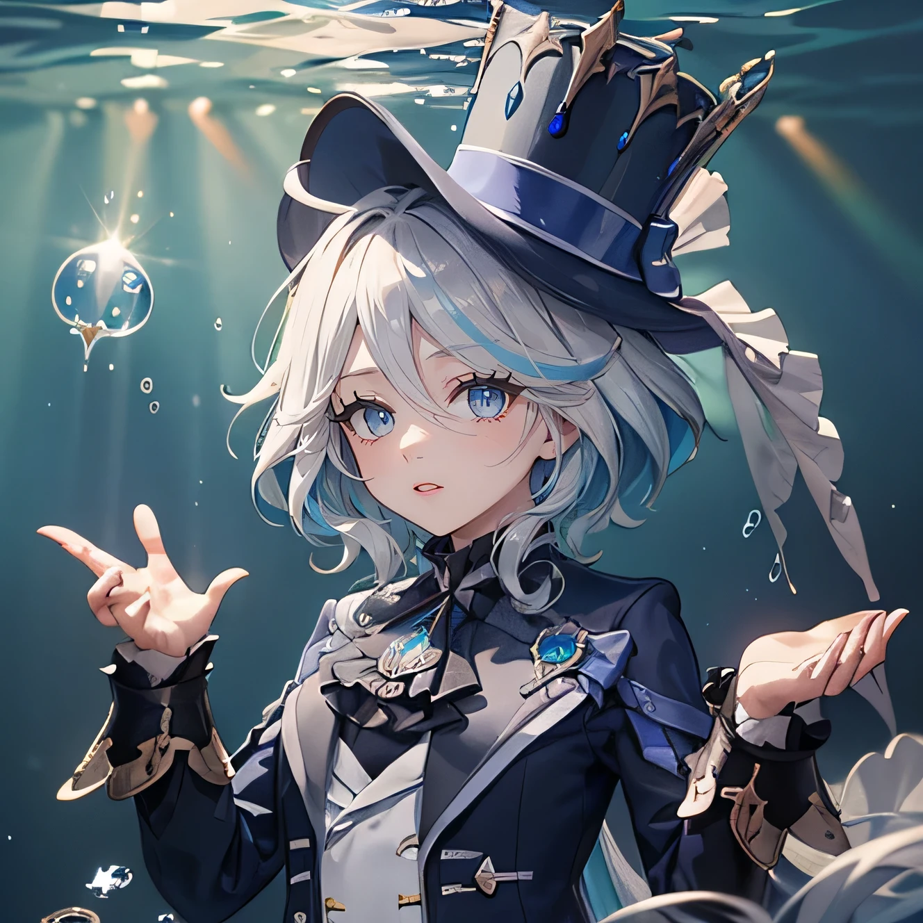 Masterpiece, Best quality, A high resolution), , tailcoat, верхнII часть тела, closed mouth, smile, short shorts, top hat, fish swim underwater, against the background of water,сладкий взглIд, Bubbles,светIщийсI свет, ray tracing, HDR,I'I смотрю на зрителI,((Gradient hair)),Eyes of different colors, eye gradient, (sparkling eyes:1.5), mascara,