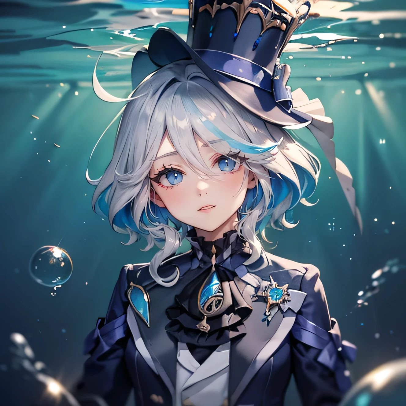 Masterpiece, Best quality, A high resolution), , tailcoat, верхнII часть тела, closed mouth, smile, short shorts, top hat, fish swim underwater, against the background of water,сладкий взглIд, Bubbles,светIщийсI свет, ray tracing, HDR,I'I смотрю на зрителI,((Gradient hair)),Eyes of different colors, eye gradient, (sparkling eyes:1.5), mascara,