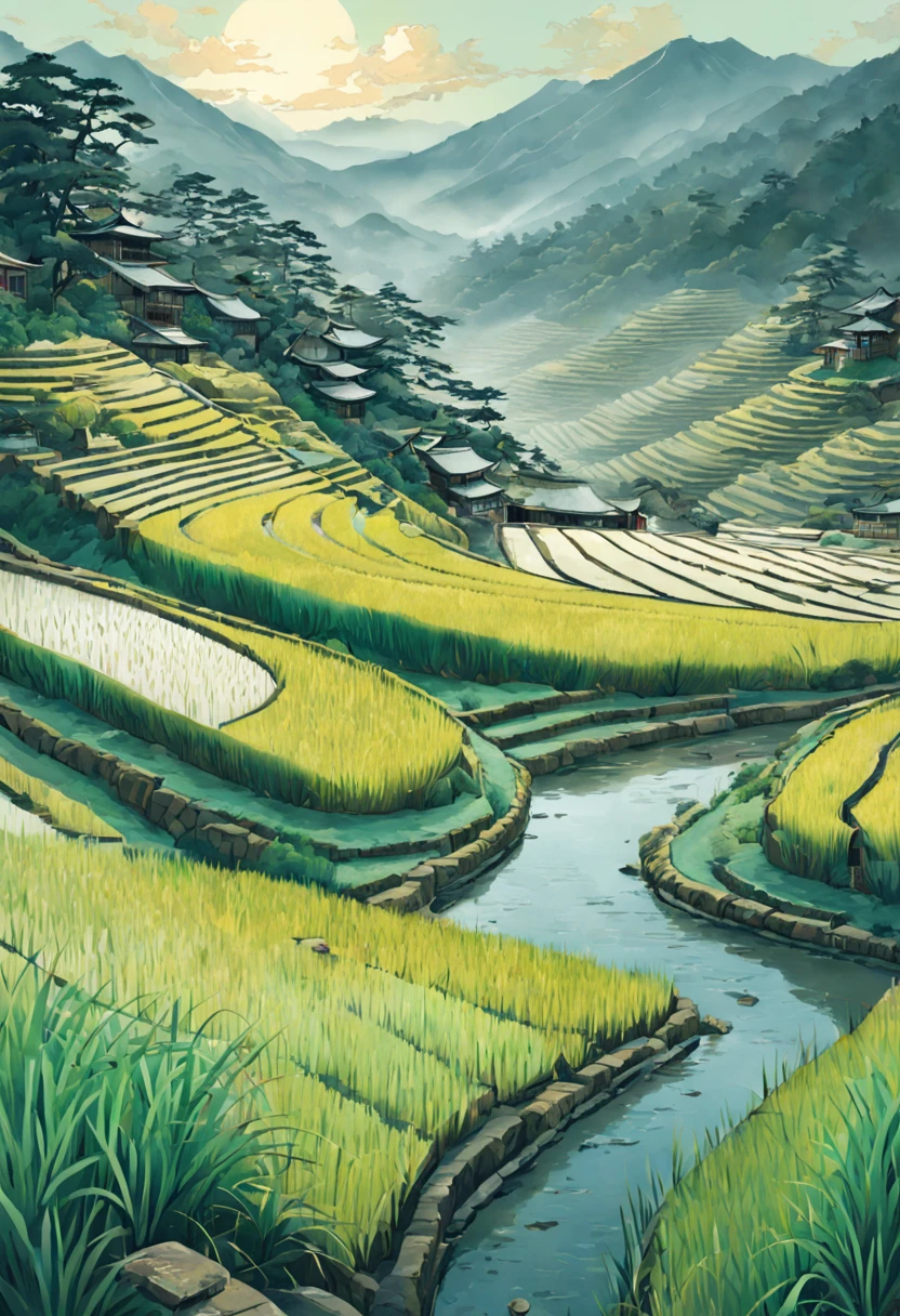 Digital painting of rice paddy terraces in feudal Japan, Ukiyo-e art style influences from Hiroshige and Hokusai. Watercolor textures, landscape format, soft lighting, vivid colors, highly detailed, aesthetic