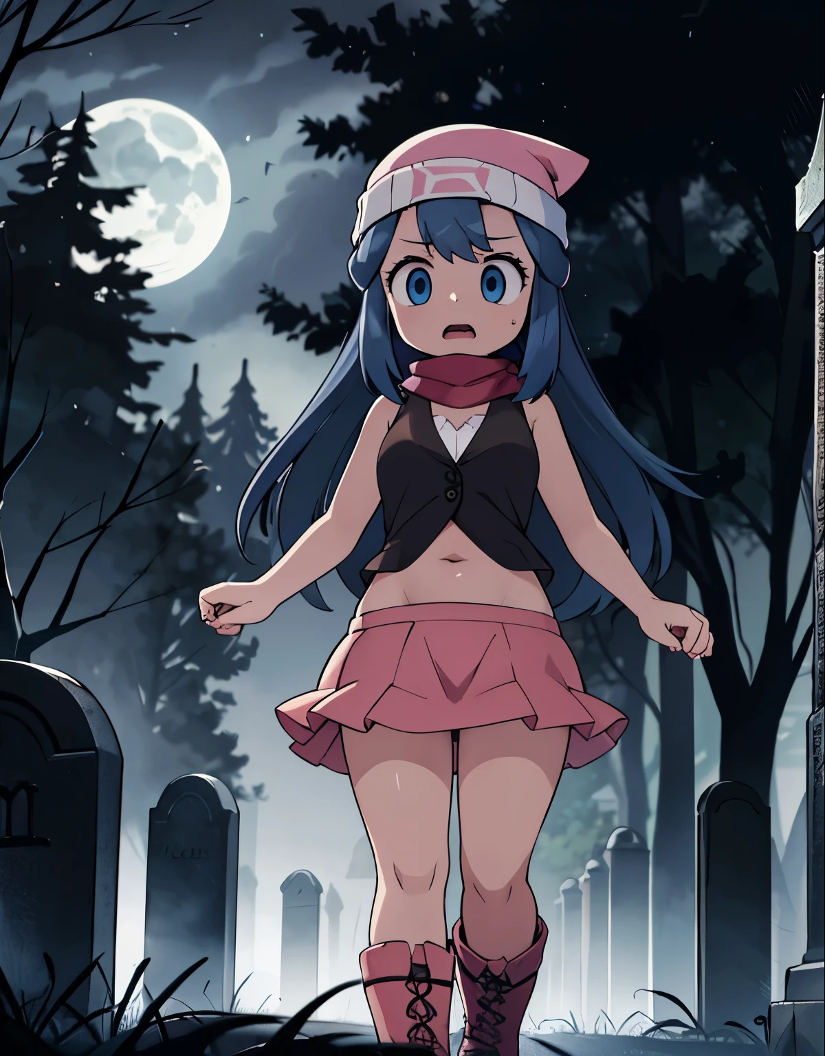 (best quality,4k,8k,highres,masterpiece:1.2),ultra-detailed,realistic,photorealistic:1.37,a girl walking in a cemetery at night, her expression reflects fear,  \(pokemon\), beanie, long hair, blue hair, blue eyes, black sleeveless shirt, pink scarf, pink skirt, pink boots, body shape, medium breast, downblouse, visible navel, chubby thighs, monsters are lurking,horrific atmosphere,dark shadows,misty night,spooky ambiance,creepy trees,moonlight shining through the clouds,eerie silence,haunting presence,graveyard filled with tombstones,scary atmosphere,gloomy setting,unsettling environment,gothic scenery,haunted graveyard,shadows dancing in the moonlight,a chilling experience,sinister creatures lurking,terrifying night,ominous mood,anxiety-inducing atmosphere,building suspense,dread and apprehension in the air,dimly lit gravestones,rising adrenaline,increasing tension,blood-curdling fear,bone-chilling encounter,heart-pounding terror,paranormal activity,unsettling presence,horror movie atmosphere,captivating fear,macabre landscape,spine-tingling scene,nightmares coming true,petrifying graveyard,evoking fear in the viewers,unease and trepidation,shadows cast long and foreboding,vivid colors in the moonlight,horror genre,heart-stopping fright,terror-filled night,encounter with the supernatural,ominous creatures emerging from the darkness,horrific scene unfolding,nightmarish experience,terrifying apparition.