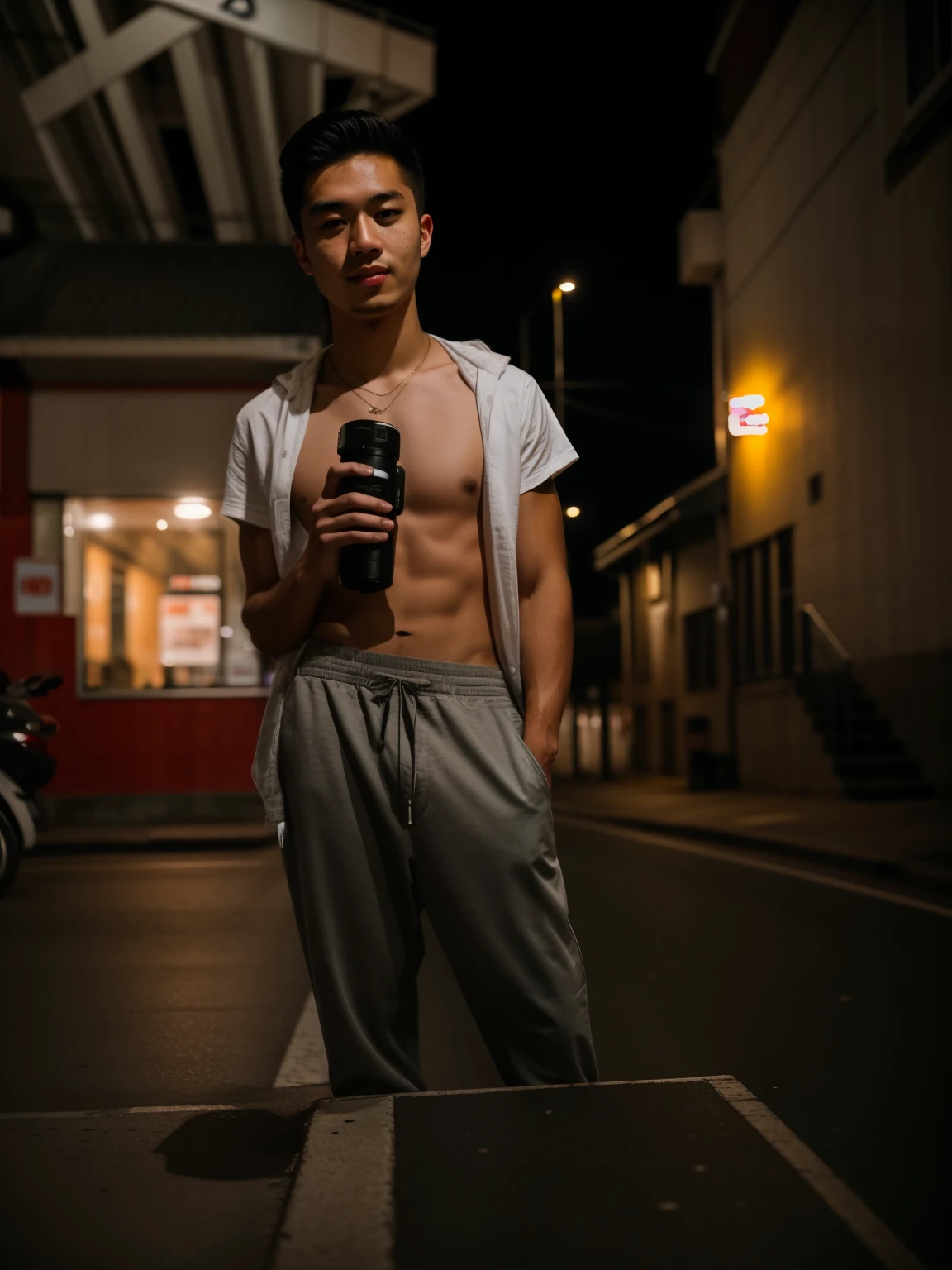 RAW photo, a portrait photo of 25 y.o man in casual clothes, night, city street, (high detailed skin:1.2), 8k uhd, dslr, soft lighting, high quality, film grain, Fujifilm XT3