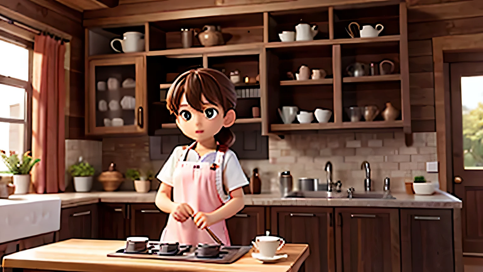 A girls wear apron in the kitchen holding mopping stick to clean the floor,( GOOD HANDS, FACE AND BODY)