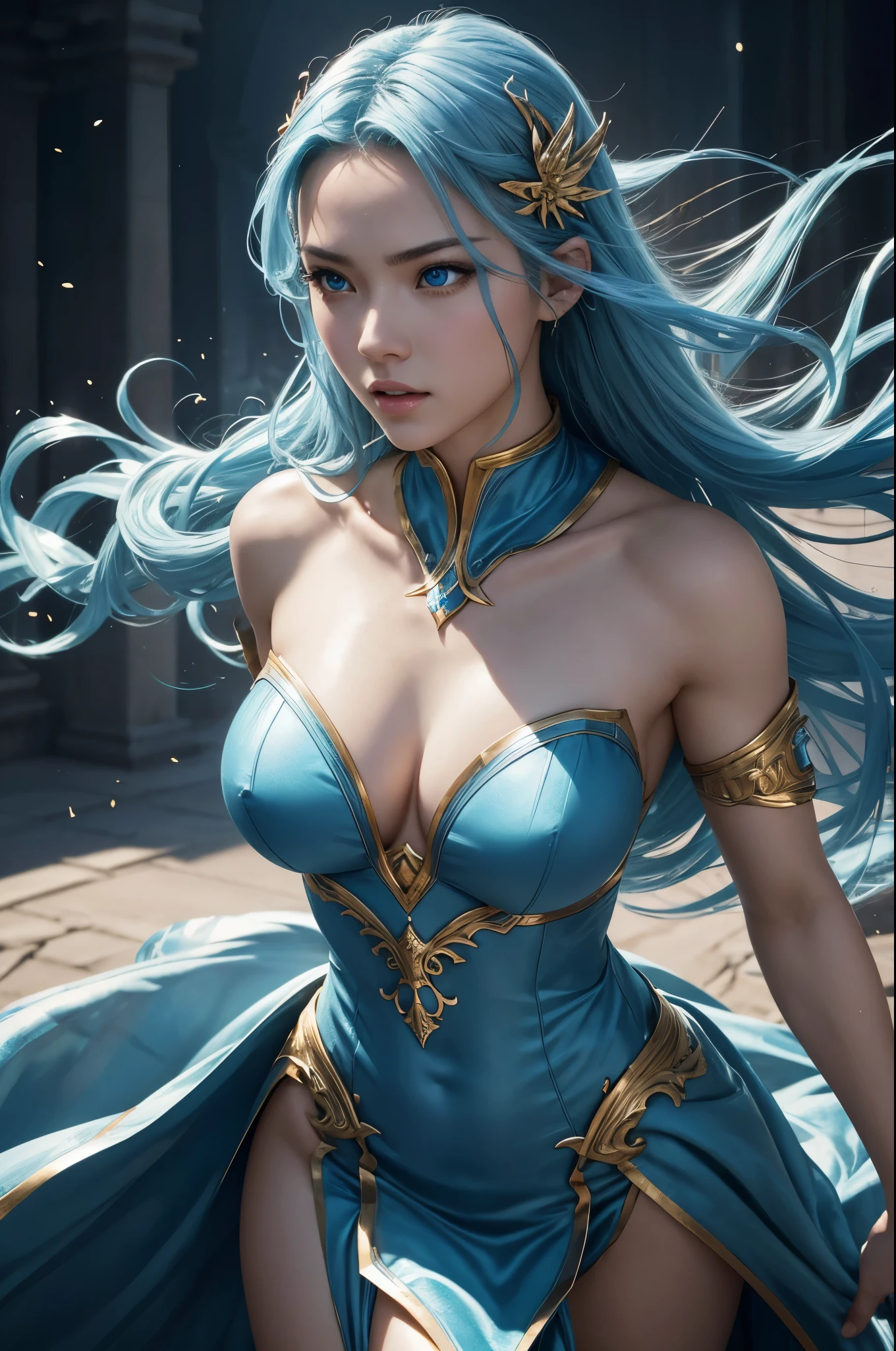 8k、alone、 water goddess,Super beautiful(like the real thing),blue eyes,Super beautiful,beautiful blue hair,blue makeup,blue rouge,Luxurious white and blue long dress with big breasts,sexy.golden decoration,,Remains,amazing work of art、wind effect:1.9、cloud effect:1.2、full rendering、unreal engine,ultra high resolution,super realistic skin,Super precise hand details,fantasy art,battle scene,action scene,action pose,fighting style,Photorealistic RAW photos of the highest quality。Backlight, cinematic lighting, film grain, to be born, 50mm lens, Nikon D850,realistic skin,fantasy art,character art,ultra high resolution,Macho with a muscular slender body,Precise facial details,fighting pose,dynamic pose,grim expression,Improve the quality of facial expressions,perspective from above,accurate human body structure,perfect hands,golden hair ornament,