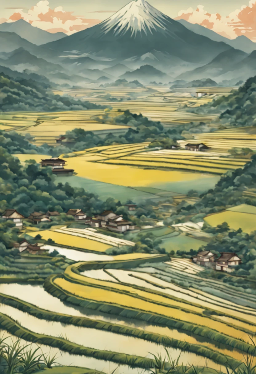 Digital painting of rice paddy terraces in feudal Japan, Ukiyo-e art style influences from Hiroshige and Hokusai. Watercolor textures, landscape format, soft lighting, vivid colors, highly detailed, aesthetic