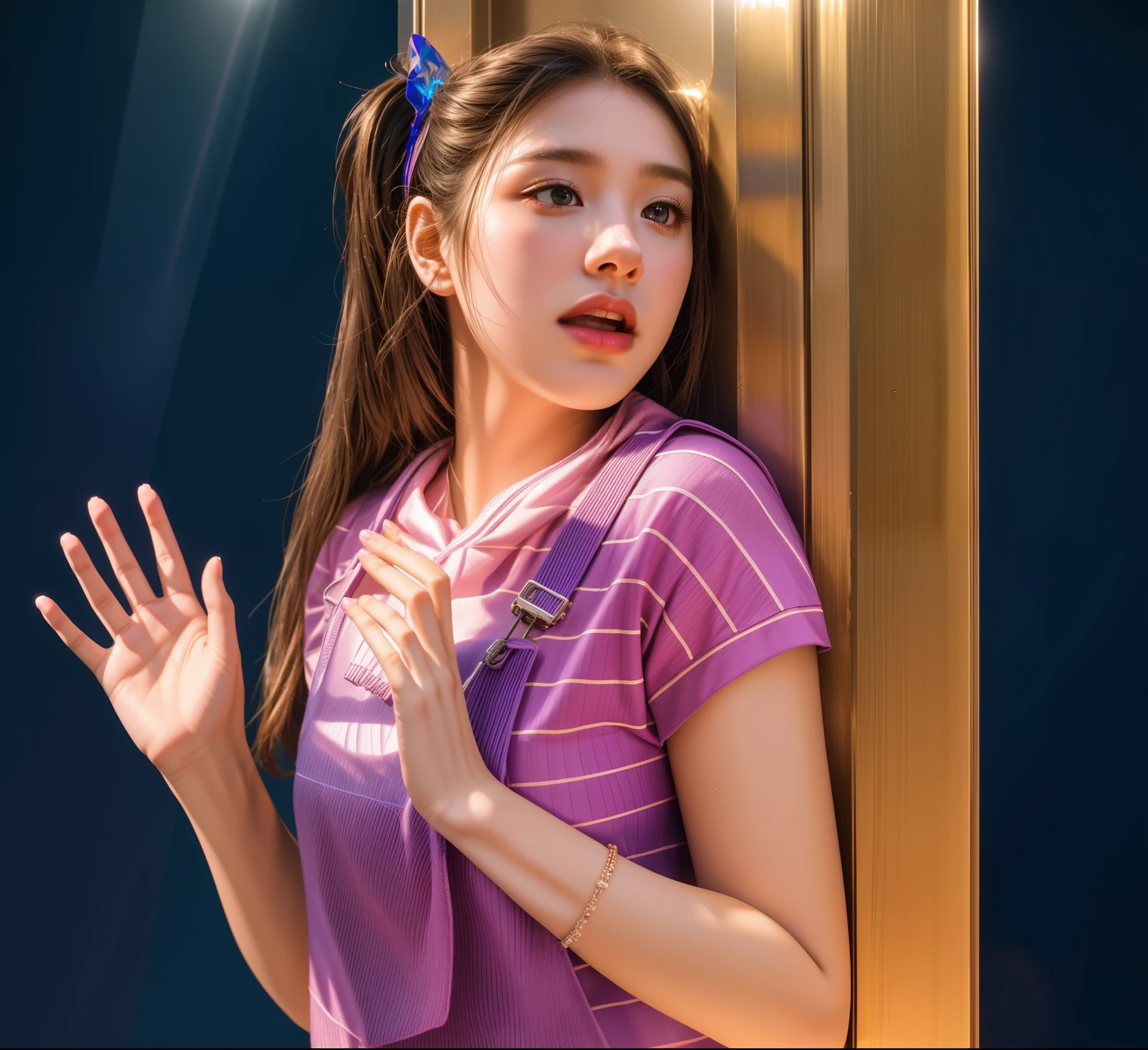 there is a young girl standing in front of a door with her hands out, the girl is scared, leaning on door, closeup photograph, about to enter doorframe, shocked expression on her face, advertising photo, glossy texture, smooth 3d model, multiple light sources, rim light, sharp post effects render, (glossy plastic texture with multiple big light probe refractions), perfect cgi, smooth silhouette, high intensity refraction, most beautiful vfx, blue background, plastic refractions, realistic, 4k, high resolution, rim light detailed digital art, reflective, best quality, 4k, masterpiece:1.2, ultra-detailed, realistic, vivid colors, dark and moody lighting, The image of the highest quality, ensuring every detail showcased perfectly. It in 4k resolution, allowing viewers to immerse themselves in the richness of the colors and intricate details. The realistic rendering. under the spotlight, reflecting, high-resolution image, realistic rendering, dark background, and rim light