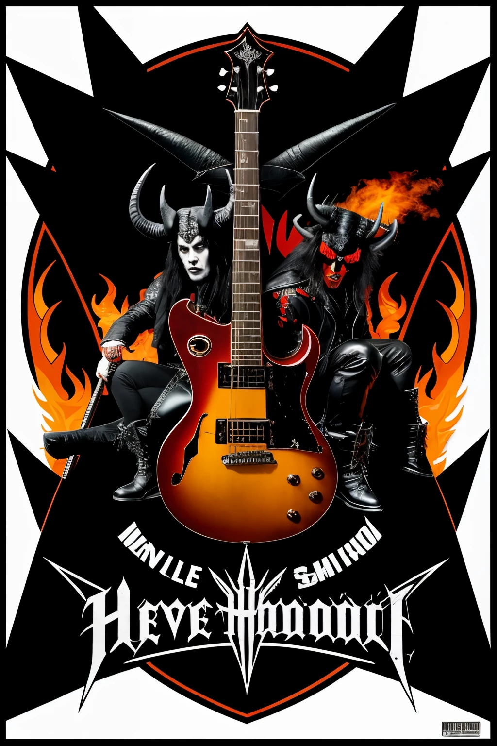 Logo for a heavy-metal band featuring a depiction of a huge demon with menacing horns. The demon is clad in leather clothing adorned with pointed shapes, and the overall color scheme predominantly consists of red and black. The design exudes malice, evil, and a touch of perversity, with flames of fire surrounding the demon. In the forefront, there is a prominently displayed guitar, symbolizing the band's musical prowess. The band's name, "Satan's Band," adds to the dark and sinister aesthetic.
