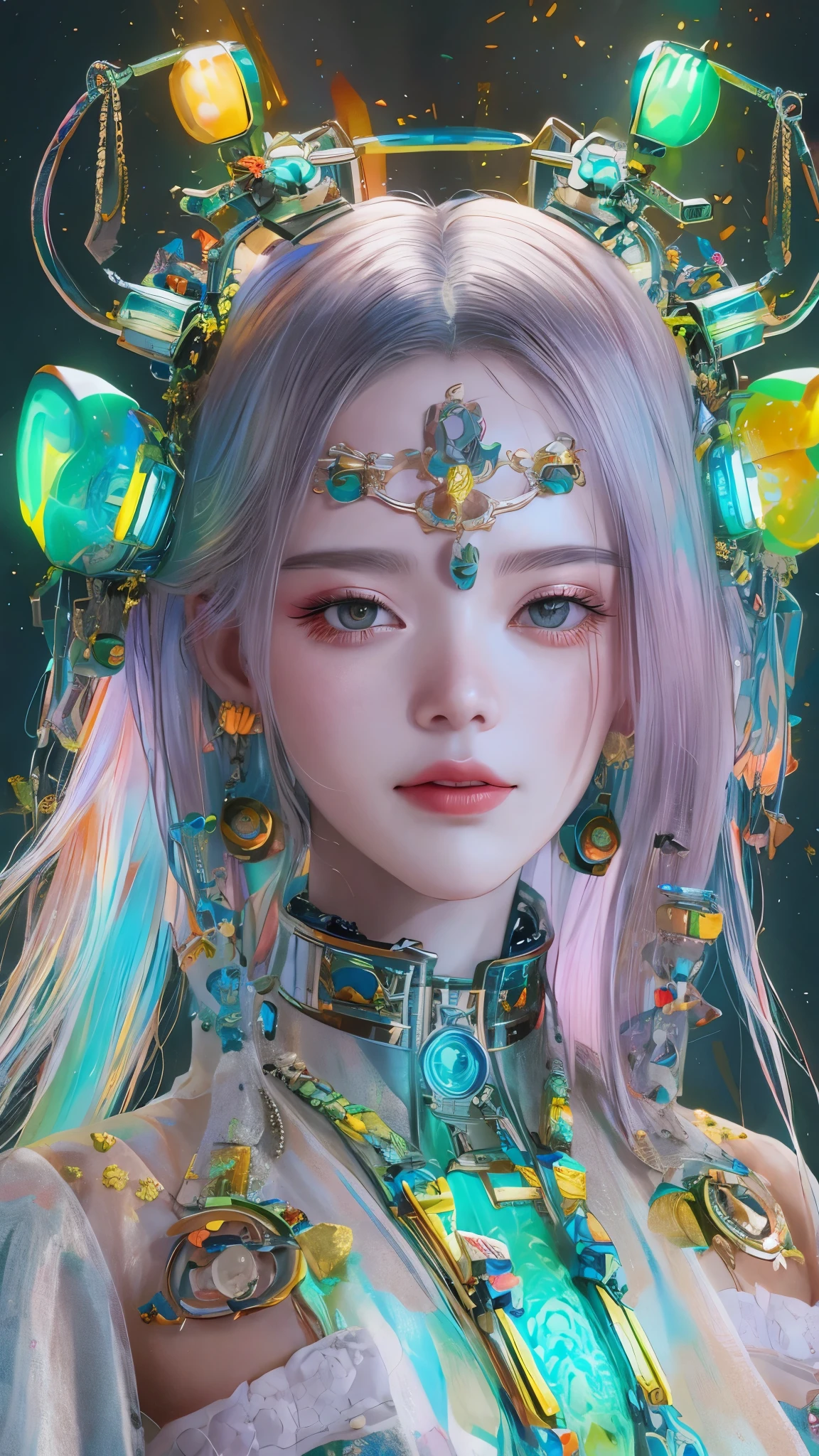 Tang suit,Chinese Hanfu,face close-up,a image of a woman wearing colorful robot tech, in the style of free-flowing surrealism, shiny/glossy, precise and lifelike, hard surface modeling, precisionist lines, light silver and azure, engineering/construction and design,Luminous headphones, Luminous hair accessories, long hair, Luminous earrings, glow necklace, cyberpunk,transparent clothes,rainbow colors