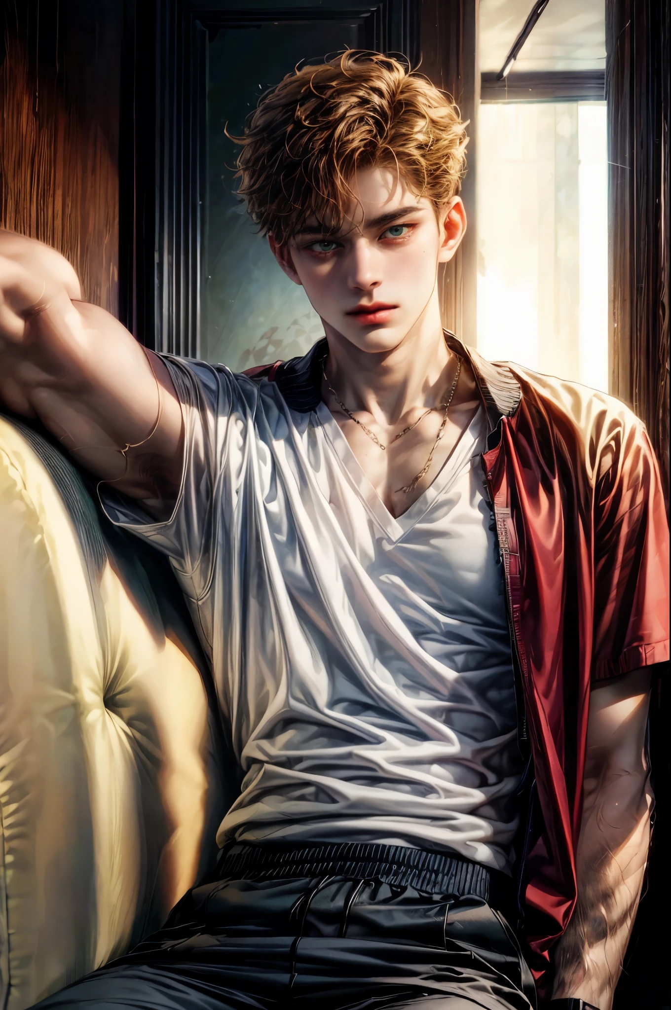 ((Best quality)), ((masterpiece)), (detailed), ((perfect face)), ((halfbody)) perfect proportions ,He is a handsome student, 18 years old, short hair, basketball player, jersey outfit, there is a background of a living room, red hair, green eyes ((perfect face)) resting on sofa, showing armpit