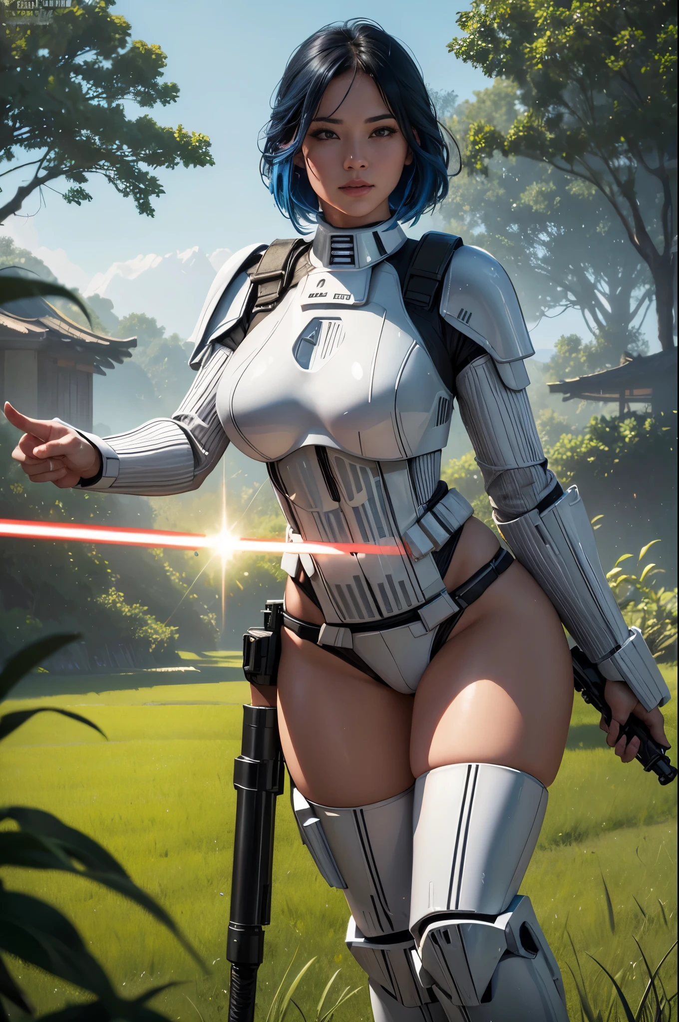 A (sexy lightsaber wielding Jedi( battles (Imperial Storm Troopers) in a Rice Paddy, Setting Star Wars (best quality,4k,8k,highres,masterpiece:1.2),ultra-detailed,(realistic,photorealistic,photo-realistic:1.37), HDR, UHD, studio lighting, extreme detail description, professional, vivid colors, bokeh, portraits, landscape, sci-fi, concept art, vibrant colors, dynamic lighting
