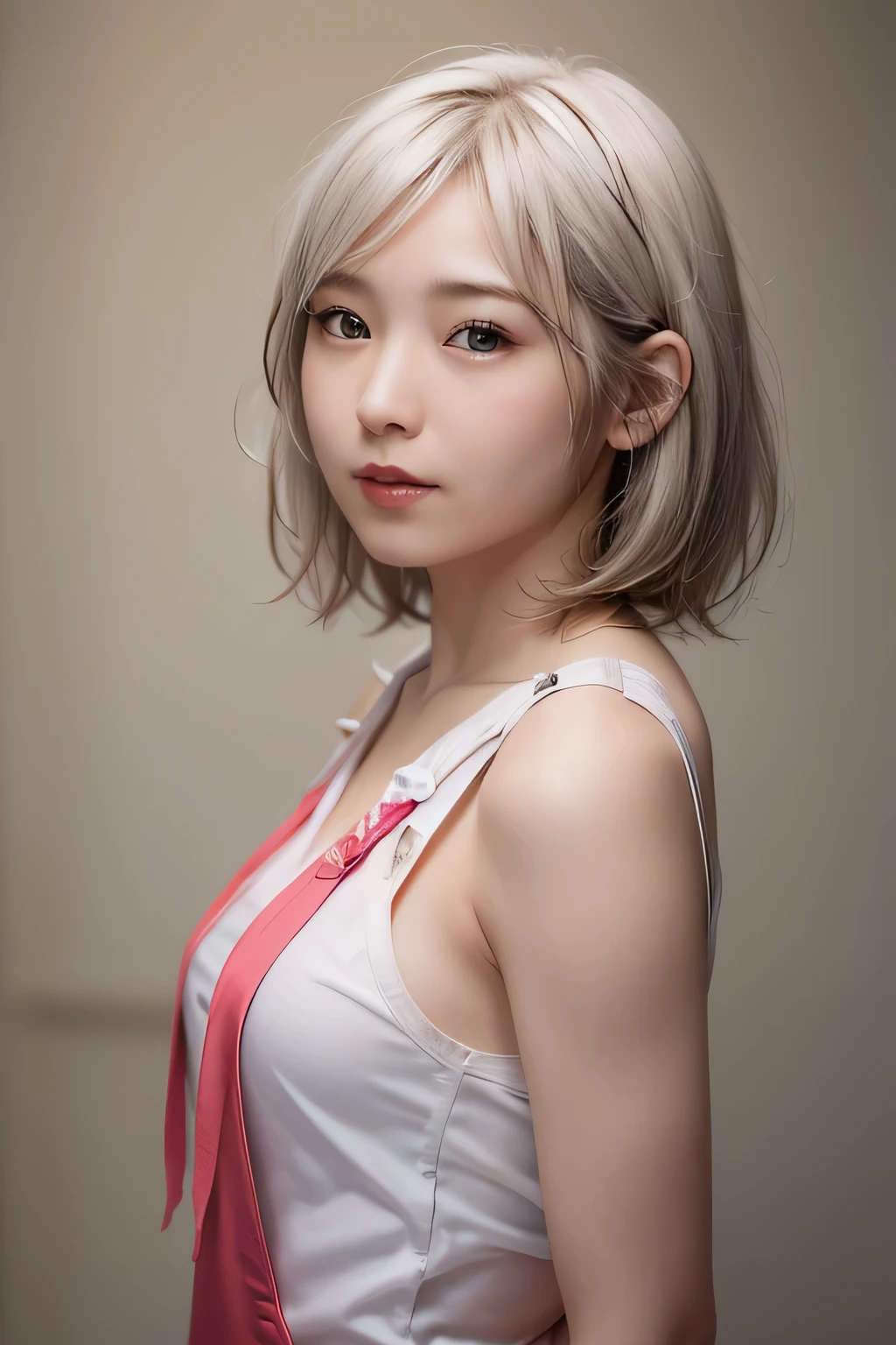 ８K, portrait, portrait, (alone), masterpiece, highest quality, １girl、、 (slim:1.35)、(flat body:1.35)、、cute、inverted triangle face、((close your mouth))、((head shot))、((pure white berry short hair))、(white silk sleeveless shirt)、turquoise eyes、、、(highly detailed skin、skin details)、sharp focus、、intricate details、very detailed, Cluttered and detailed background