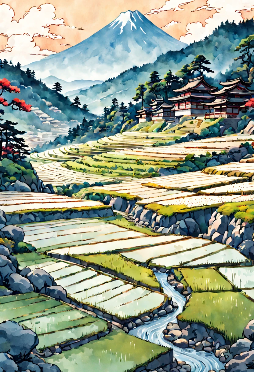 Digital painting of rice paddy terraces in feudal Japan, Ukiyo-e art style influences from Hiroshige and Hokusai. Watercolor textures, landscape format, soft lighting, vivid colors, highly detailed, aesthetic