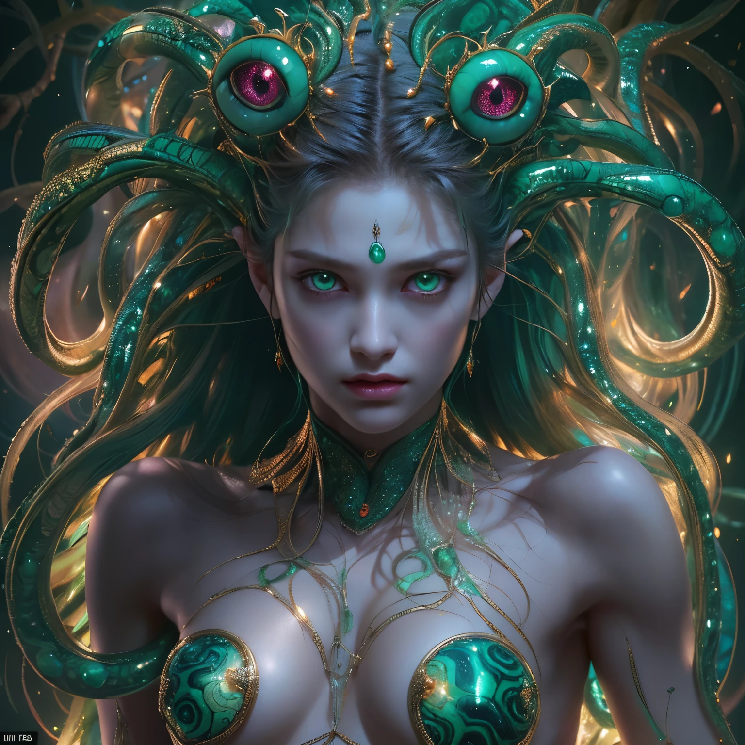 (1 female medusa-like mutant: 1.2), With a beautiful, enchanting face, this alien seduces us with her allure. Her captivating red eyes gleam brightly, reminiscent of burning embers. Her full body is unlike any human's, boasting a sexy, otherworldly form. No humans are present in this scene as she stands alone, her cells fused in a unique and intriguing extraterrestrial way.
(extraordinary beautiful nude photo:1.4), (glowing Malachite eyes:1.5), (sexy and glamorous:1.1), (coquettish expression:1.2), toned lean body, (muscular:1.2), (beautiful abs:1.5), beautiful nipples,  She has lots of iridescent translucent tentacles instead of her hair, pale skin, (white skin with prominent veins:1.3),
Lots of iridescent translucent tentacles adorn her body, shimmering under the dramatic lighting. Her pale skin, with a hint of translucency, adds to her ethereal allure. This masterpiece, rendered in, (There is a female genital-like organ in the middle of the forehead:1.6),