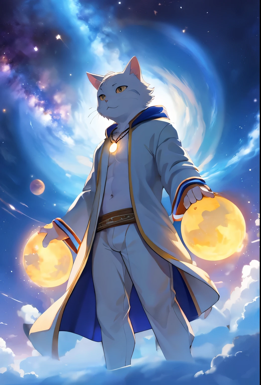 White cat man&#39;s neck and body，A star necklace hanging around the neck，wearing white robe，