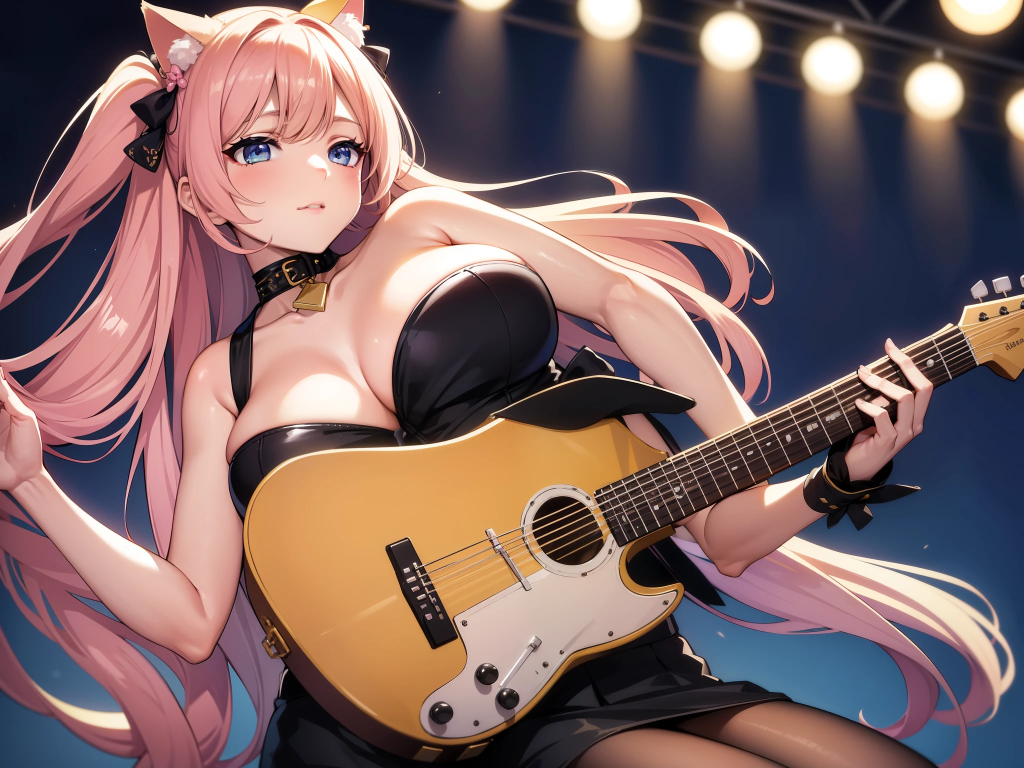 Make two beautiful sex and seductive singer with big breasts in their typical Japanese and seductive clothing beautiful playing the guitar the image has to be attractive to the public masterpiece,melhor qualidade,Realistic lighting,ultra-high resolution, show,no palco,microfones,1 ,Cerre os punhos, lindos seios grandes, cabelo loiro ,Cat Ear Hair Accessories, ombros nus, Tops cortados, umbigo, salto alto