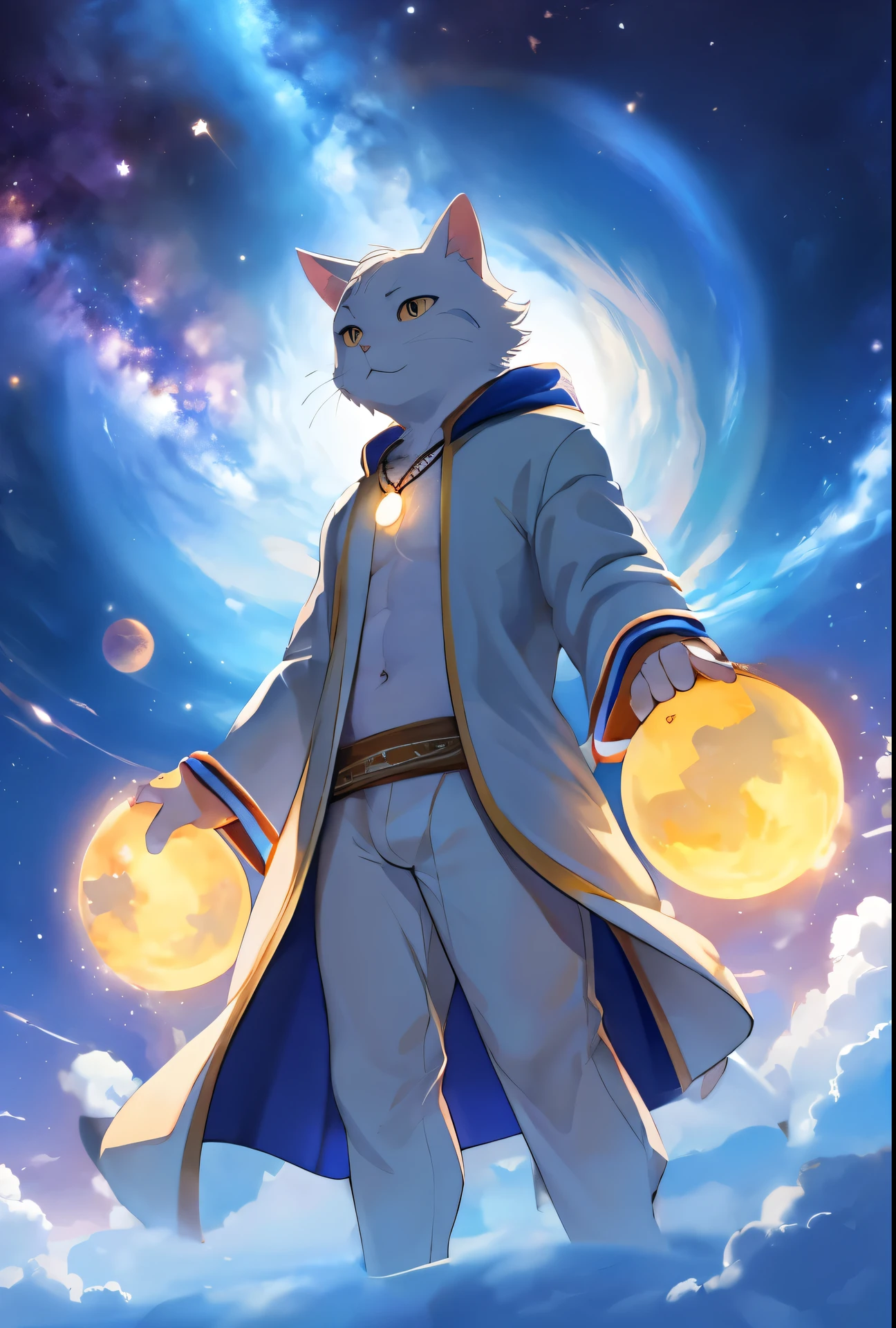 White cat people&#39;neck and body，A star necklace hangs around her neck，wearing white robe，