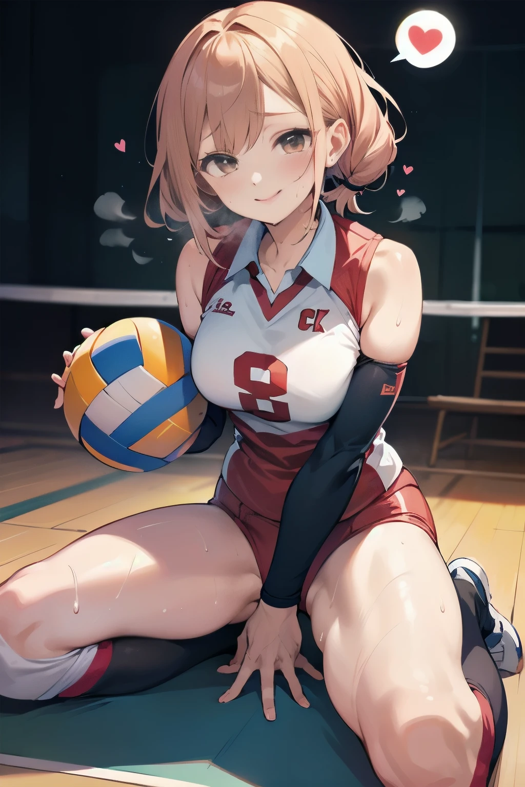 unity 8k wallpaper, anatomically correct, (((masterpiece))), (((best quality))), (((ultra detailed))), (((high-resolution))), ((Ultimate cutie)), perfect hands, perfect finger, (((good anatomy))), detailed beautiful face, shiny hair, (((gyaru))), (potbelly), (curvy), medium breasts, ((Thick thighs)), (((solo))), ((seductive smile)), (((blush))), 
BREAK, (((sit astride the perfectly spherical shape 6-inch volleyball))), (((Straddling a perfectly spherical 6" volleyball))), (((Perfectly spherical 6" volleyball fits perfectly crotch))), BREAK, (((Rub the  Perfectly spherical 6" volleyball against crotch))), (masturbation), 
BREAK, (Collared volleyball uniforms), sleeveless, ((buruma)), ((kneepad)), pussy juice stained, (elbow pad), (((sweat))), (((covered in sweat))), ((deep breathing)), in Volleyball Court, indoor, lighting,  looking at viewer, full body, (spoken heart)