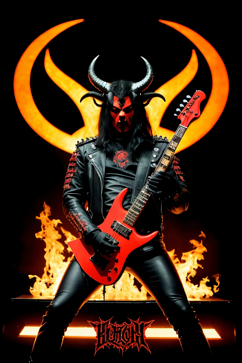 Logo for a heavy-metal band featuring a depiction of a huge demon with menacing horns. The demon is clad in leather clothing adorned with pointed shapes, and the overall color scheme predominantly consists of red and black. The design exudes malice, evil, and a touch of perversity, with flames of fire surrounding the demon. In the forefront, there is a prominently displayed guitar, symbolizing the band's musical prowess. The band's name, "Satan's Band," adds to the dark and sinister aesthetic.