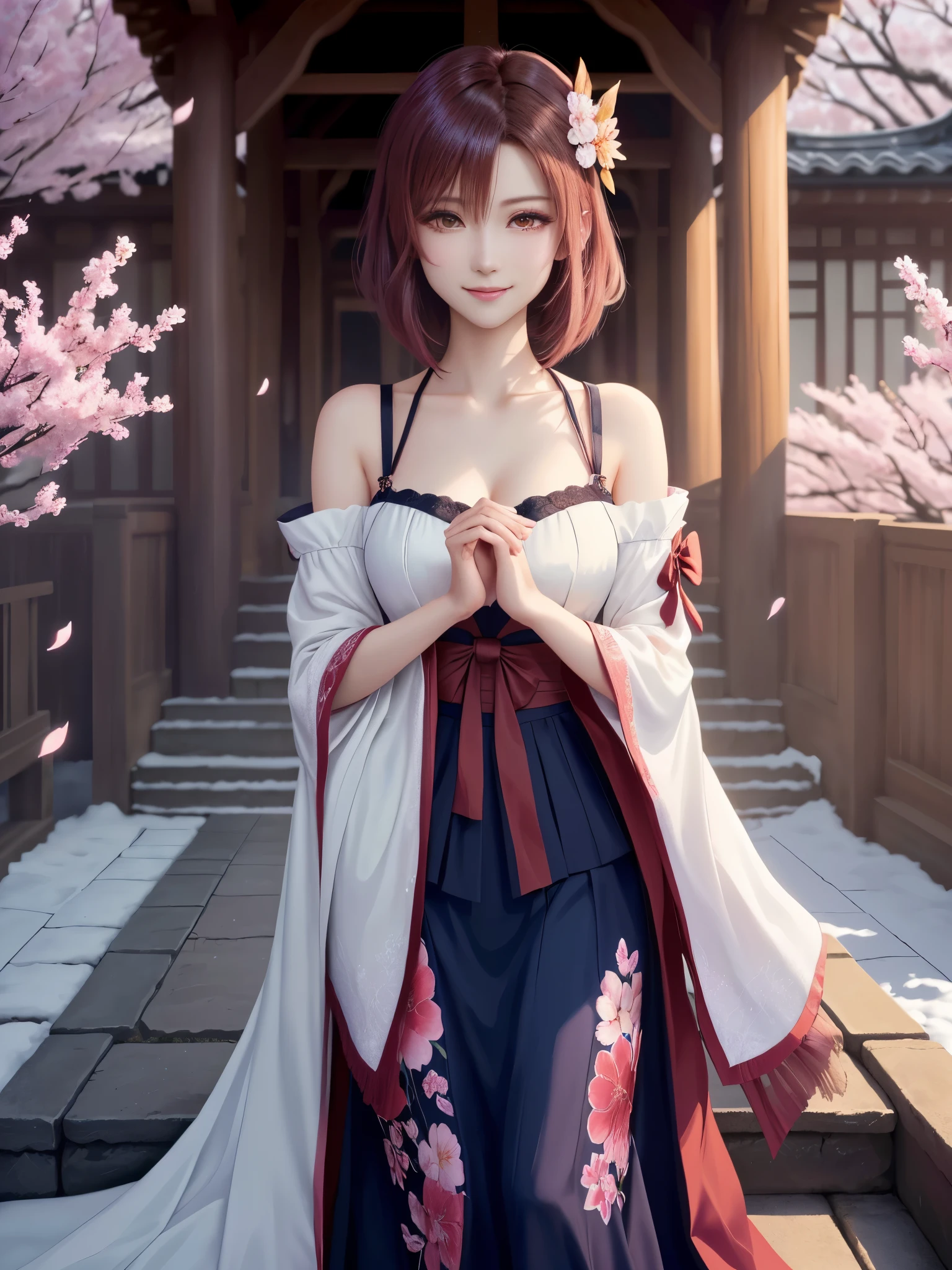 masterpiece , best quality,smile,smile,small face,shoulder exposure,some cleavage exposure,colorful hair,slender body shape,brown eyes,sharp contrast,short hair,Beautiful short hair,short cut hair,just one person,precision quality,Faithfully reproduced eyes, 一面に咲くcherry blossom background,snow scene,masterpiece, 幻想的なcherry blossom background,night,nightの背景,cherry blossom background,beautiful details, colorful, delicate details, delicate lips, intricate details, genuine, ultrargenuineista, 枝に座っている色とりどりの髪のFoxを持つ女の子:Mature, bright eyes, ,色とりどりのFox, raposa de nine tails, 三尾Fox, 三尾Fox, onmyoji detail art, beautiful fine art illustration, mythical creatures, Fox, beautiful digital art,shrine maiden,hold hands,exquisite digital illustration, mizutsune, Inspired by mythical wild web creatures, pixiv in digital art, shining light, high contrast, Mysterious,