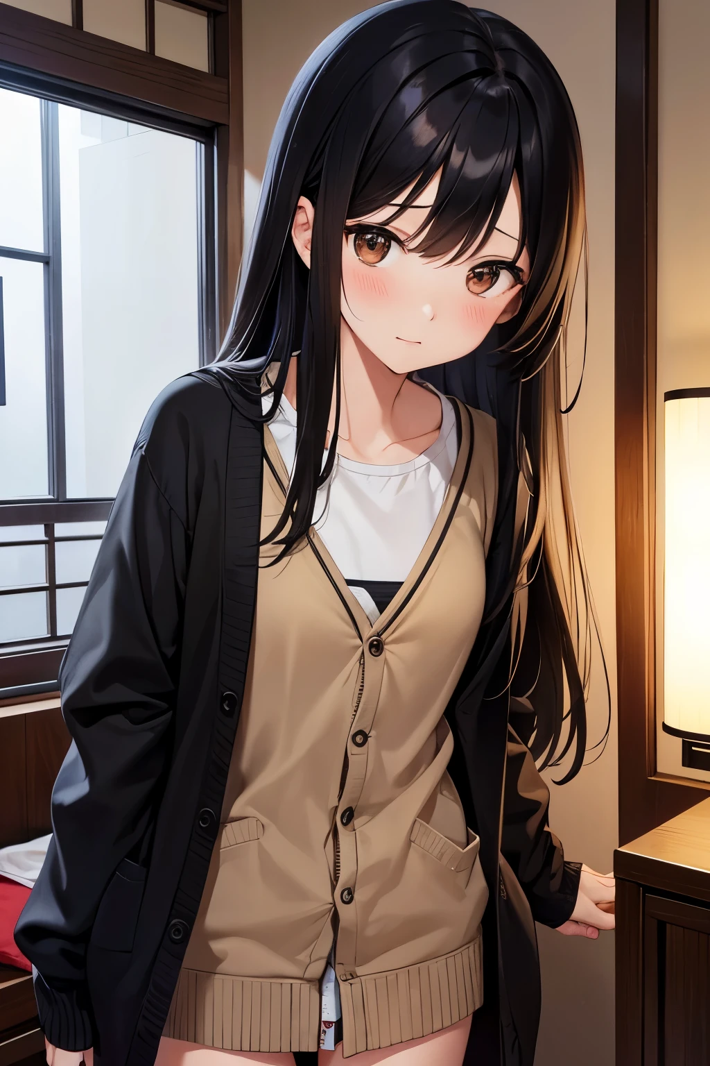 (shy:1.2)、best quality, highres,1 woman,Slender、small face、brown eyes、tall、black hair、long hair、hostel、Japanese style room、Cardigan、22 years old、Mature、night