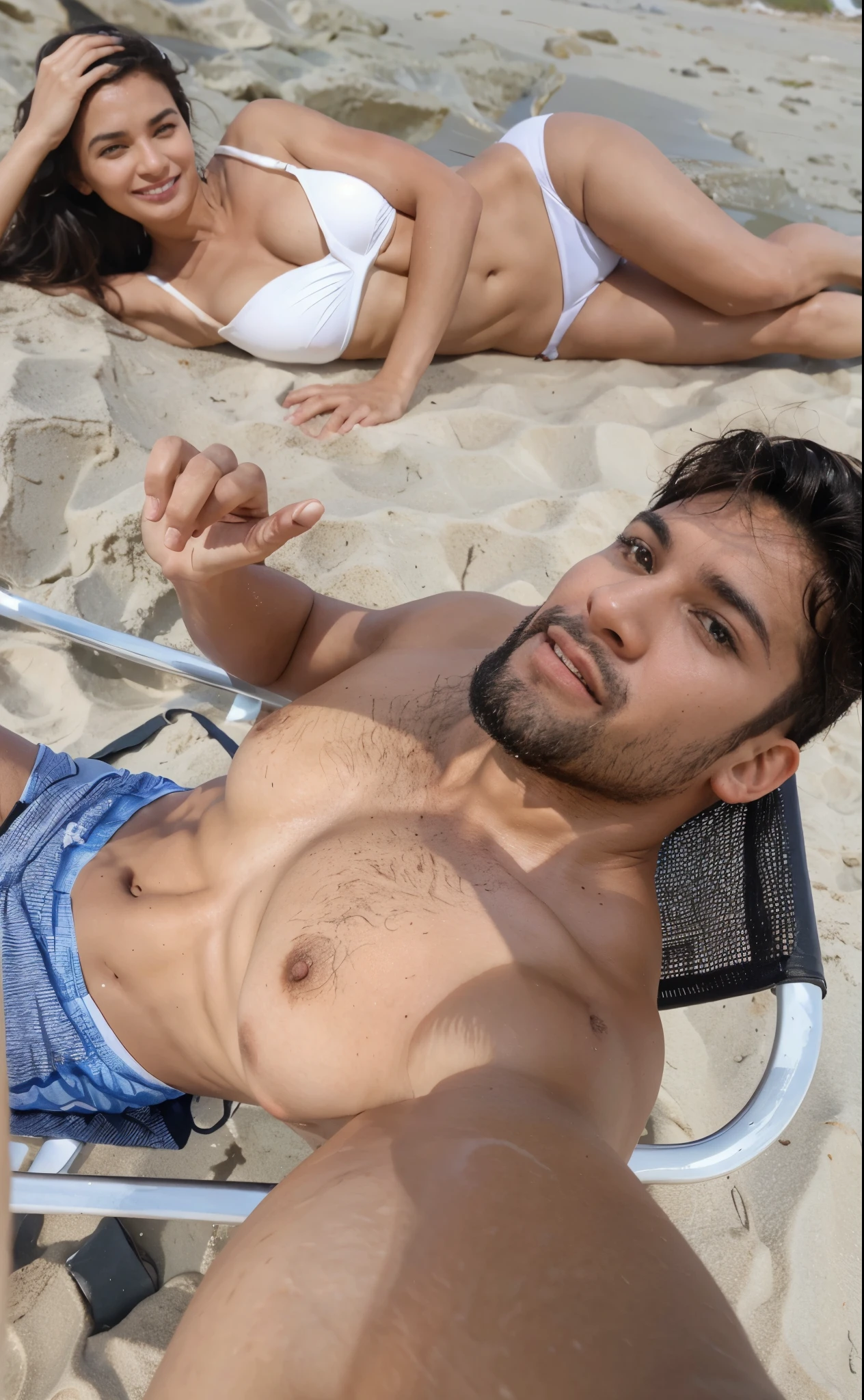 Um homem com uma mulher na praia extremamente realista