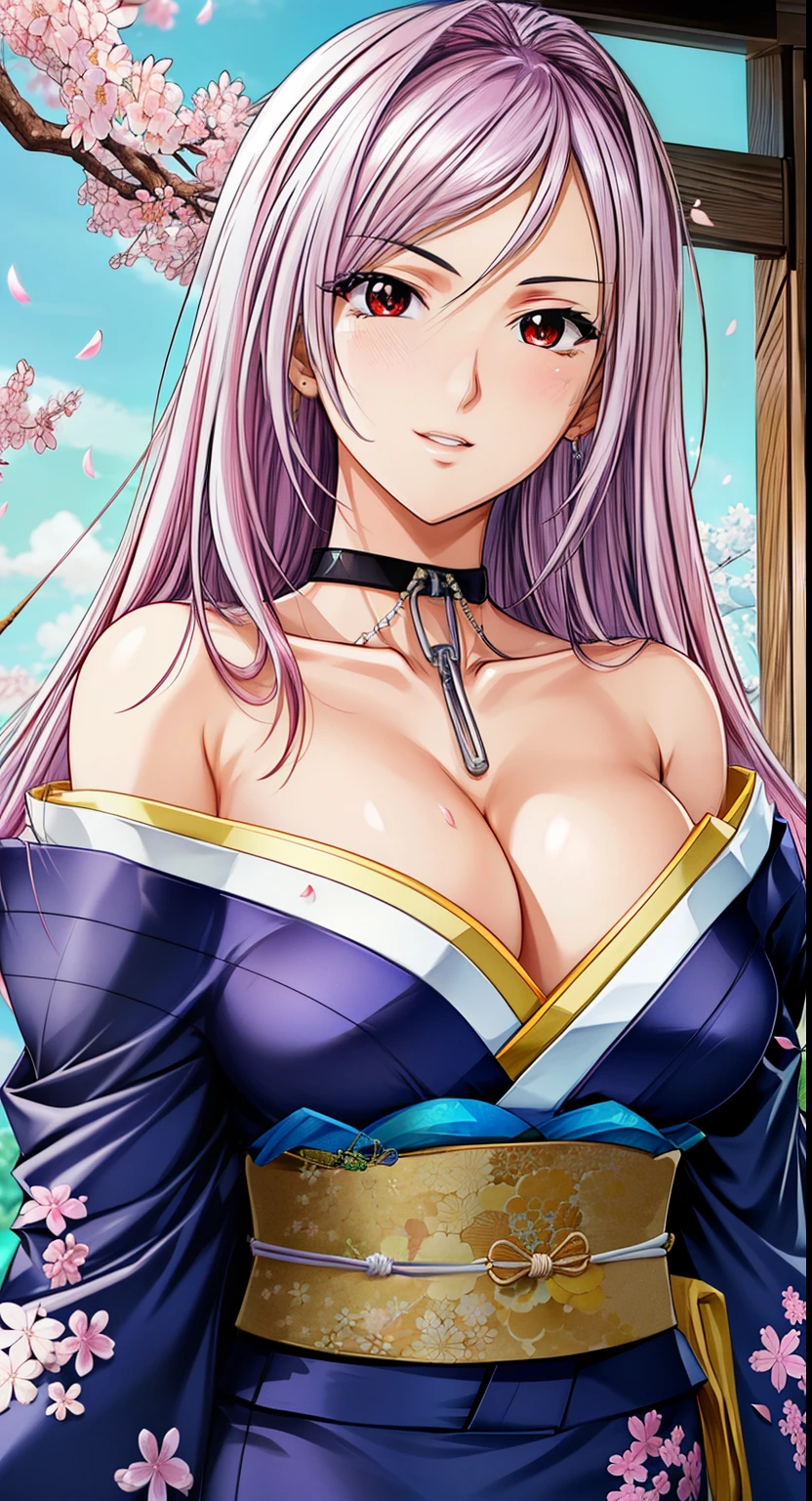 red eyes, (highest quality, masterpiece絵画:1.3), mature woman, 26 years old, (half body shot), masterpiece, ultra high resolution, (Photoreal:1.0), bright purple hair、straight hair, beautiful shining hair, white and shining skin, ((Ultra realistic details)), octane rendering, highly detailed face, (big breasts:1.0),(Sexy and gorgeous Japanese kimono,low cut neckline,delicate decoration:1.2), open neckline, cleavage, perfect body, soft skin, anime face, perfect face, perfect eyes, looking at the viewer, smart, Under the cherry blossom tree background, church, cherry blossom petals are falling, outdoors,sharp focus, intricate details, professional artwork, (bright colors:1.1), bright colors, diffused lighting, digital blending, ultra-definition body, ultra detail hair, super detailed face, that'It's trending on pixiv, top button open, Cute gaze, compensate, perfect lips, perfect compensate, Ultra-precision coating, (light_smile:0.8), (Very embarrassed:1.2), blush your nose,